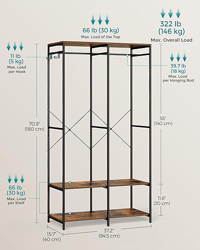 Miniatura 6 de SONGMICS Perchero para ropa, organizador de armario de hierro y madera, perchero resistente con varillas para colgar, estantes de armario, ganchos