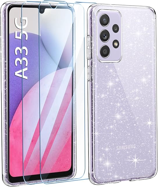 AROYI Clear Glitter Case Compatible with Samsung Galaxy A33 5G Case with 2 Pack Tempered Glass Screen Protector, Soft Bumper Anti-Scratch Transparent Sparkle Cover Samsung Galaxy A33 6.4"