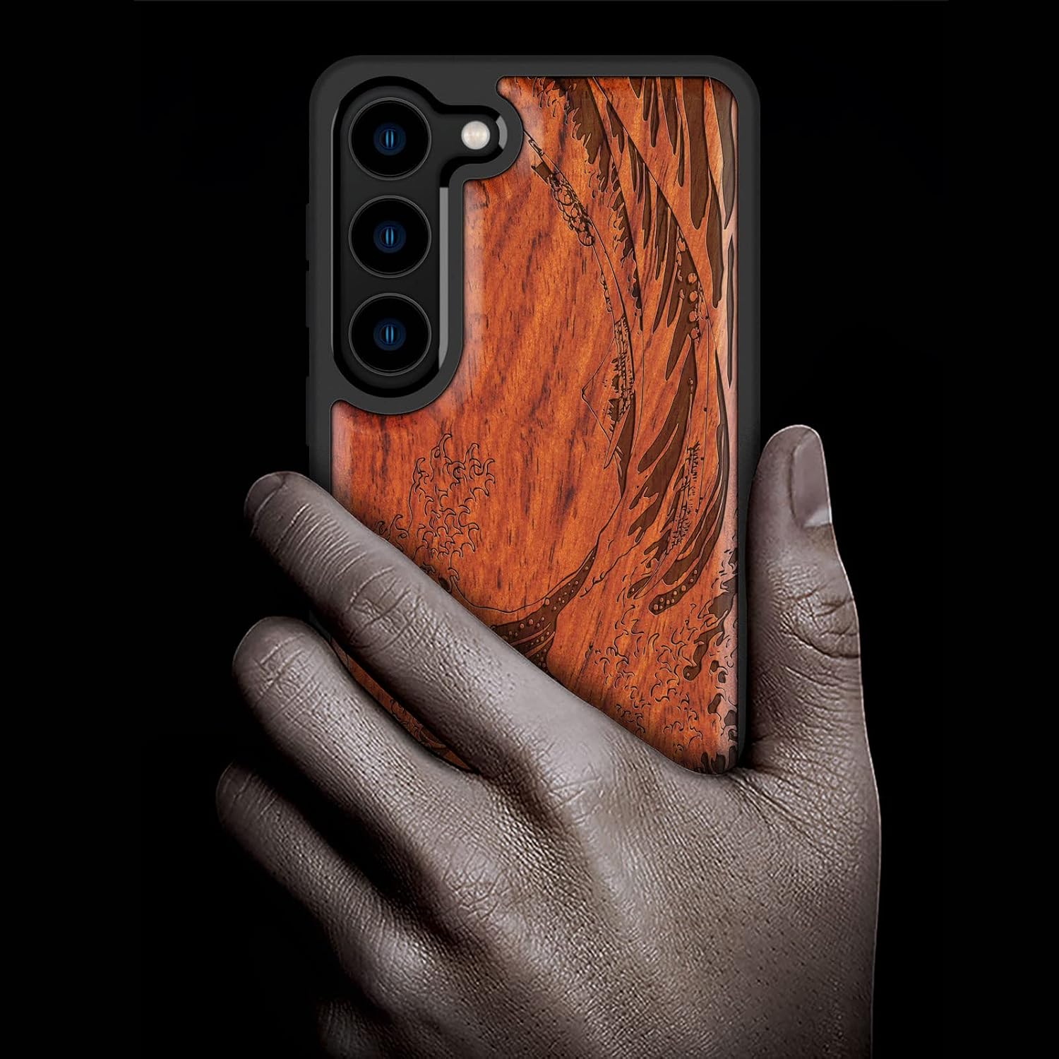 Carveit Wood Case for Galaxy S23 Case [Natural Wood & Black Soft TPU] Shockproof Protective Cover Wooden Design Compatible with Samsung S23 (The Great Wave Off Kanagawa-Rosy)
