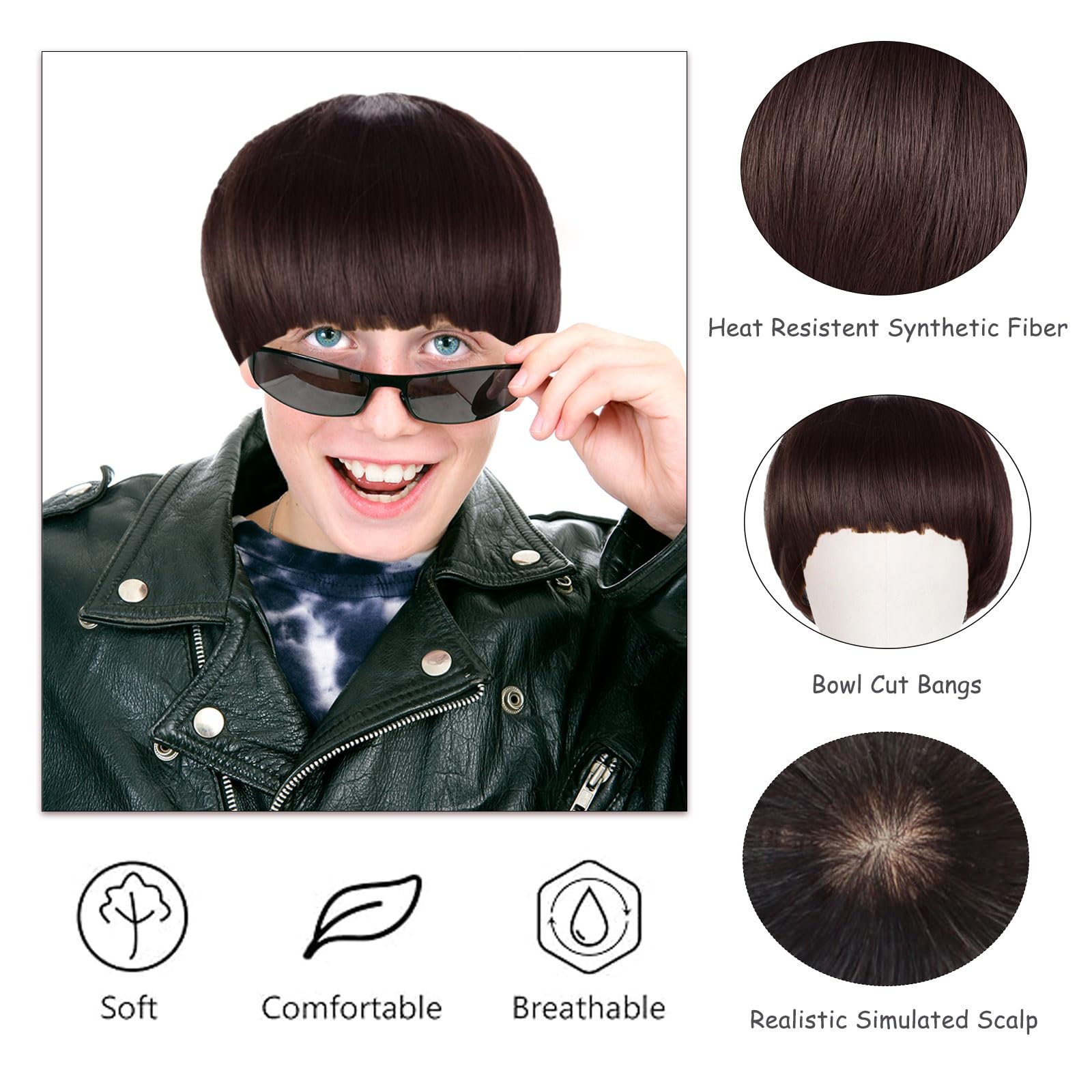 FOUNSHO Short Brown Bob Wig with Band for Men Women Short Mushroom Wig Funny Nerd Hairs Bowl Cut Hairstyle - Image 4