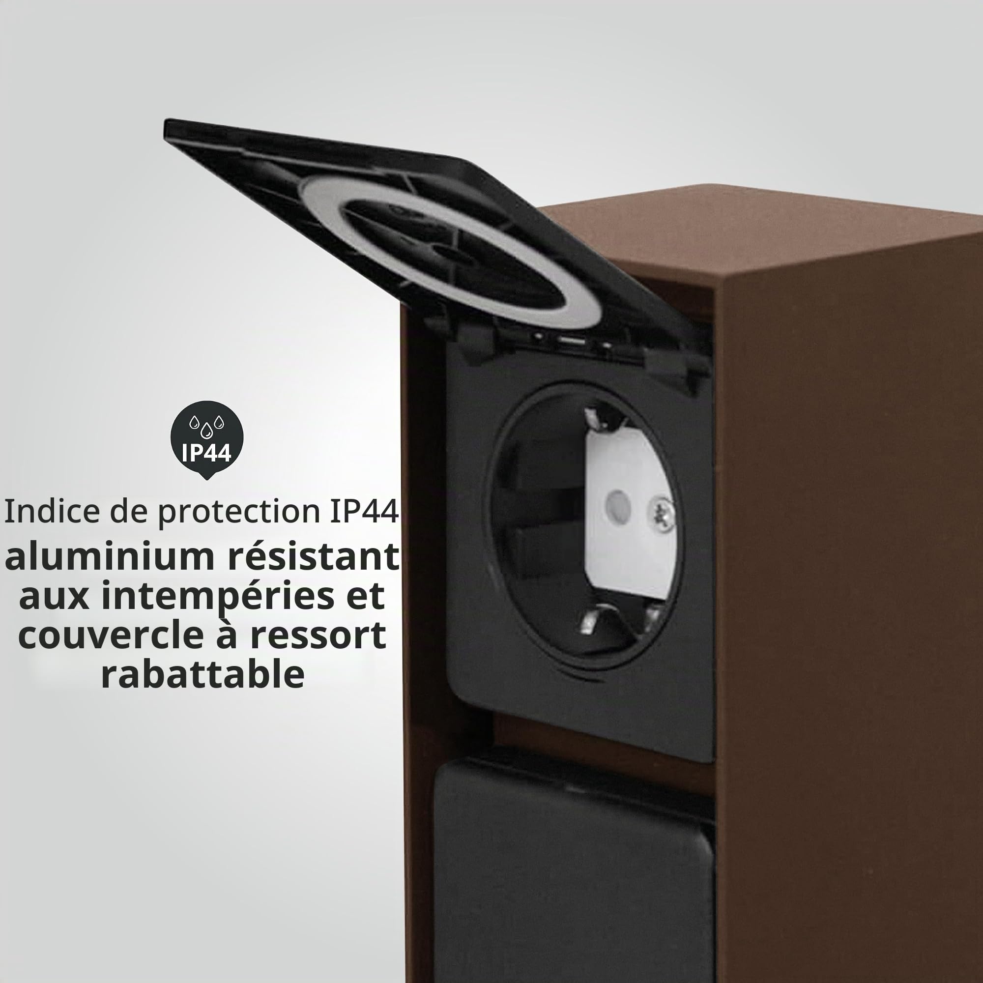 LED Universum - Prise extérieure « ADAM », marron rouille avec couvercles noirs, 2 emplacements, acier inoxydable revêtu par pulvérisation, câblée pour connecter des outils de jardin ou des