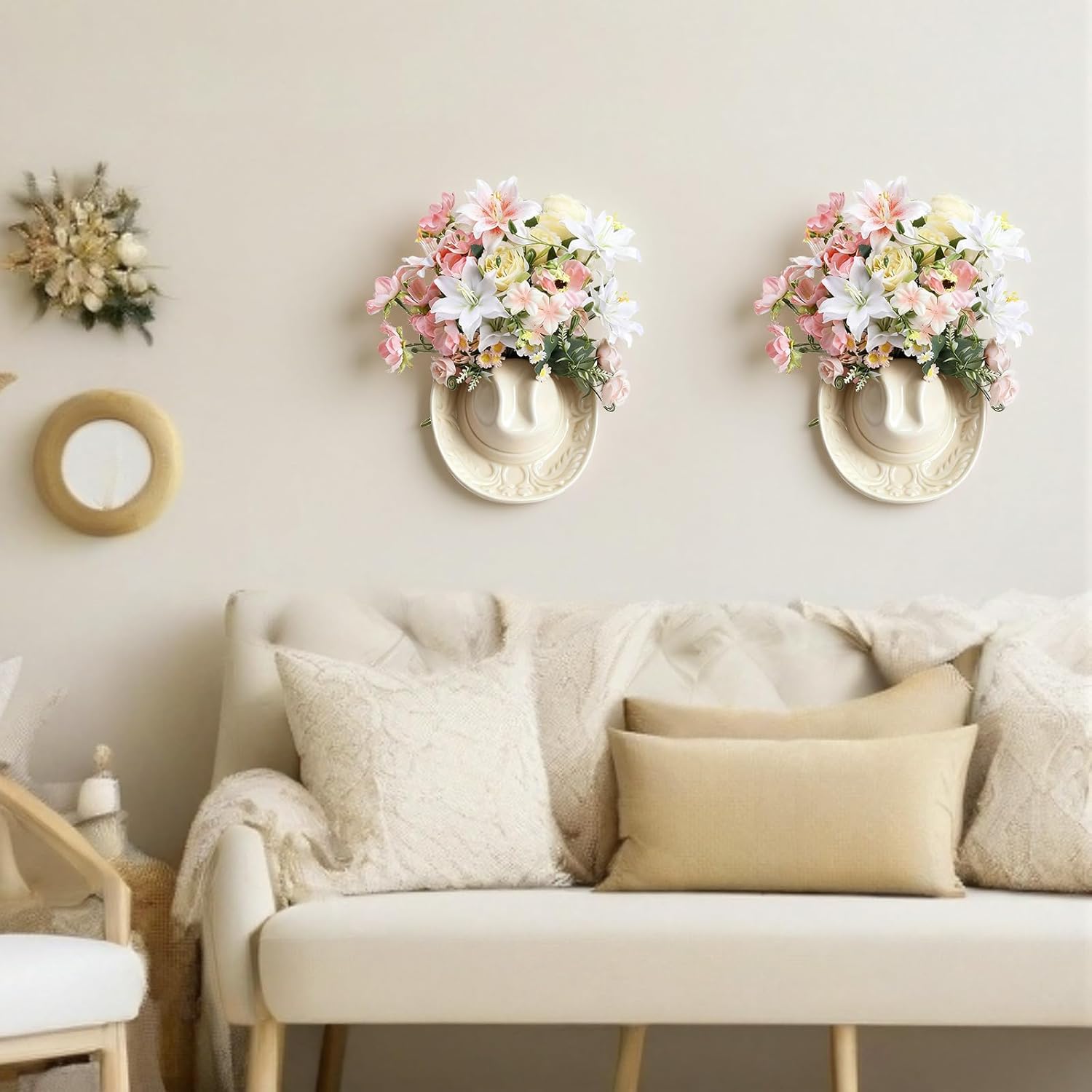 Ceramic Cowgirl Hat Vase Western Themed Hat Hanging Wall Indoor Planter Vase Flower Pot Cowboy Decoration Cowboy Party Table Centerpiece for Bathroom Living Room Office and Home Decor(Cream)
