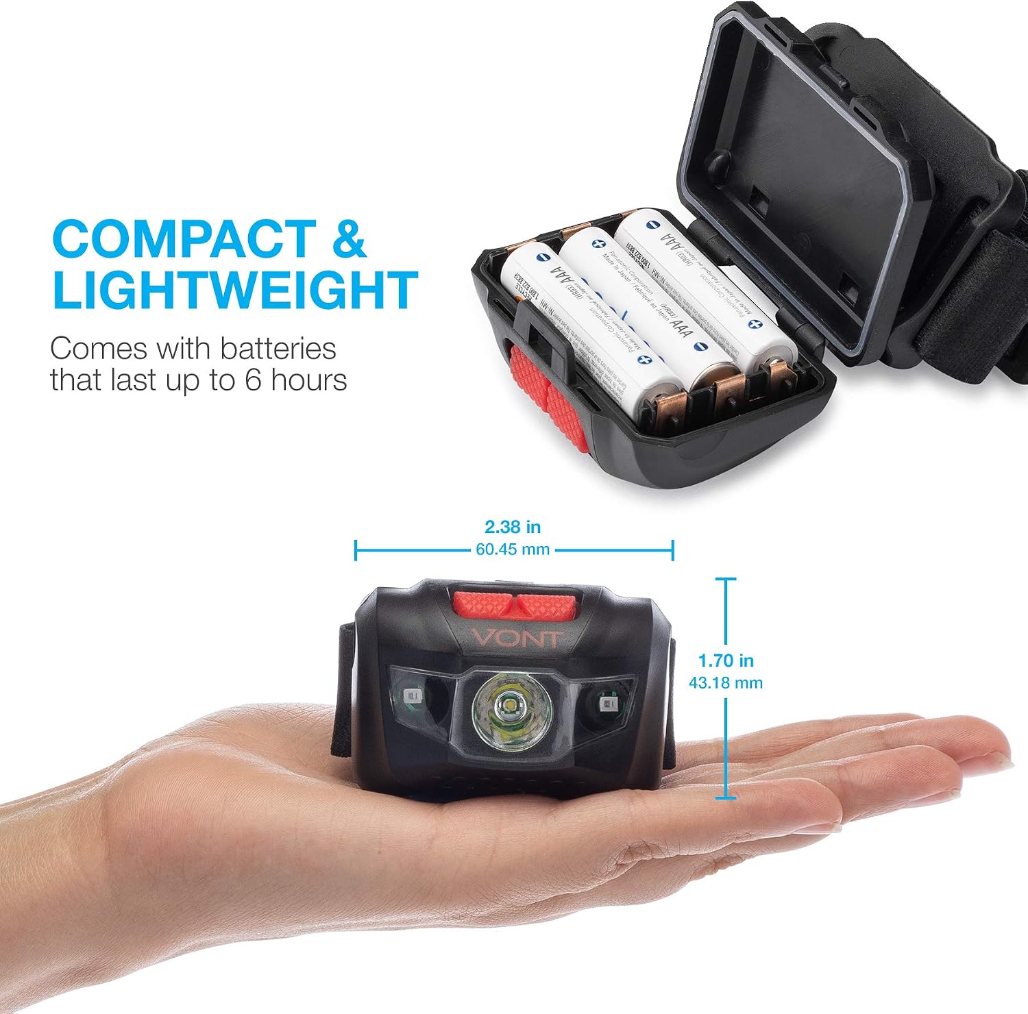 Vont LED Headlamp, Super Bright LEDs, Compact Build, 5 Modes, Headlight with White-Red LEDs, Comfy Adjustable Strap, IPX4 Waterproof, Use Head Lamp for: Running, Camping, Hiking