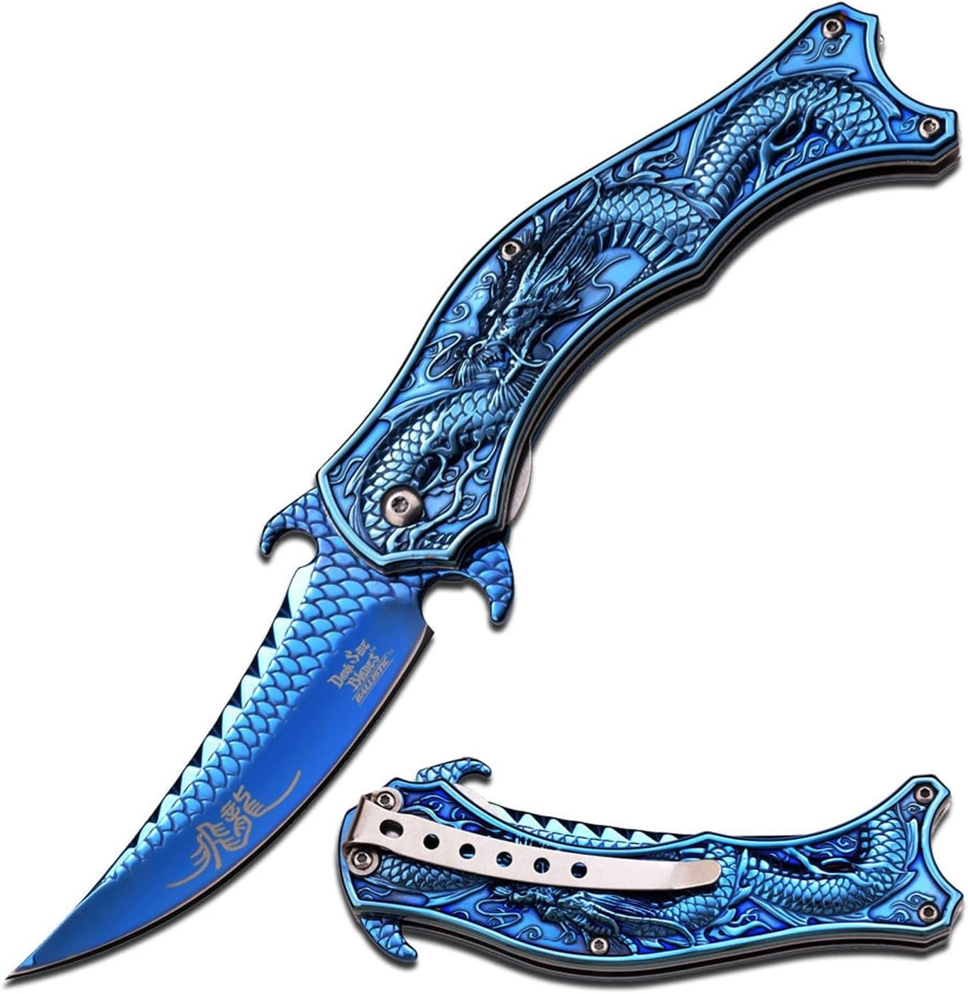 Dark Side Blades Pocket Folding Knife, TiNite Coated Stainless Steel Blade and Handle, Dragon Theme, Pocket Clip, EDC, Fantasy, Collectible, DS-A019 Series (Blue)