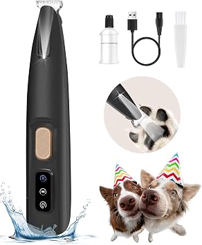 FURBONA Dog Paw Trimmer, 18mm Quiet Dog Hair Trimmer with LED Light, Black | 18mm wide blade for paws, face, ears and rump, LED light, 35dB quiet pet grooming, IPX4 water-resistant, USB rechargeable