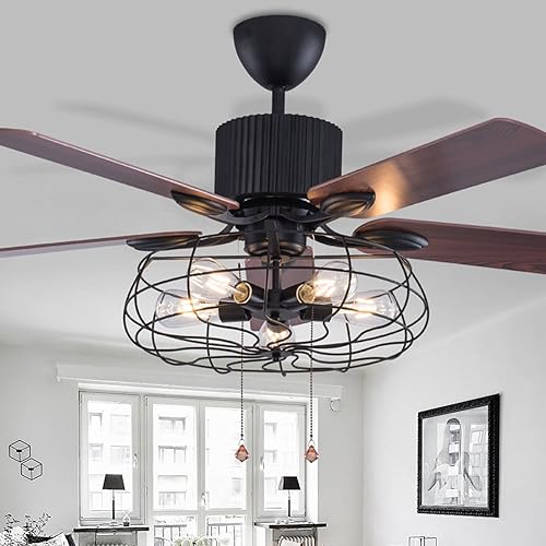 Ventilador de techo en jaula de 52 pulgadas con luz y control remoto ventilador industrial rústico con 5 cuchillas de madera reversibles lámpara