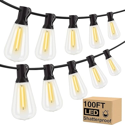 100FT LED Outdoor String Lights - Patio Lights with 52 Shatterproof ST38 Vintage Edison Bulbs (2 Spare Bulbs),50 Hanging Sockets,Outside Waterproof String Lights for Garden Backyard Porch Deck