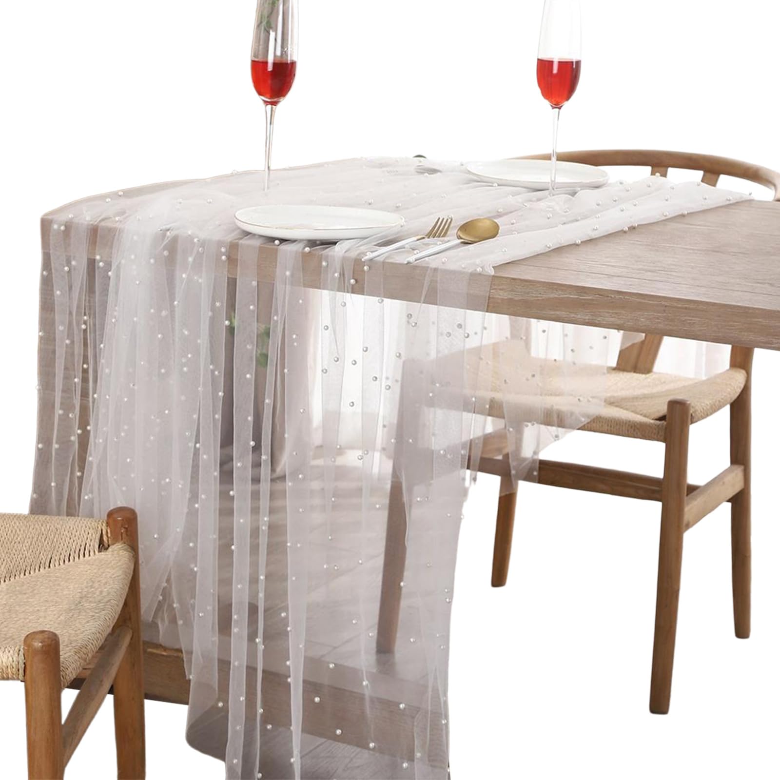 Tsophreniq Pearls Decorated Tablecloth in Various Sizes Breathable Organza Materials for Banquets Event and Home Setting Decorative Pearls Tablecloth