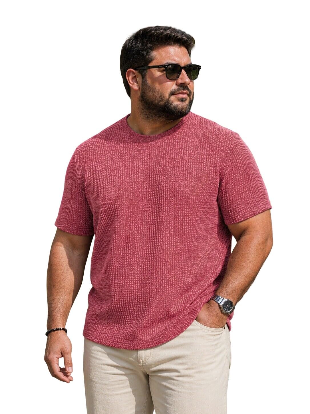 colorchakra Mens plus size textured knitted tshirt waffle knit cotton t-shirt M to 4XL-picture-15