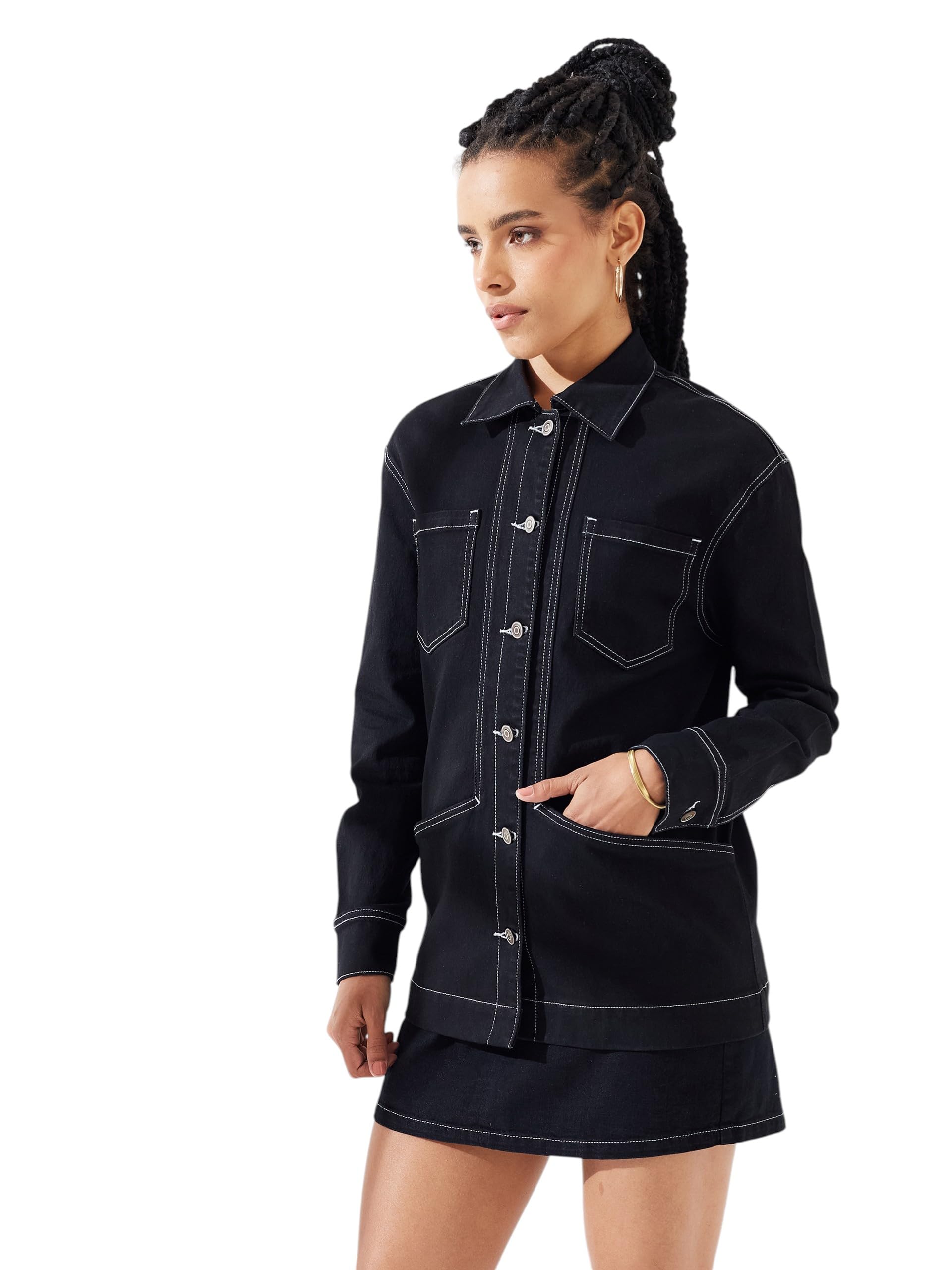 Womens Shirt Collar Full Sleeve Panelled Contrast Stitch Oversized Denim Jacket-image-3