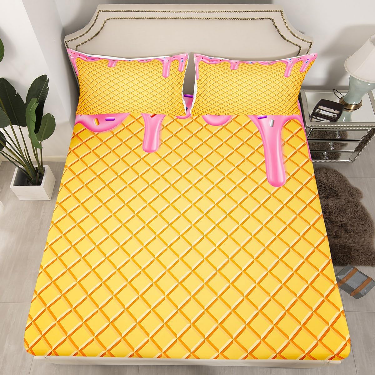 Food Bed Sheets Cartoon Ice Cream Fitted Sheet for Kids Boys Children Sweet Themed Sheets Full,Teen Girls Colorful Sprinkle Bedding Set,Yellow Geometric Patchwork Room Decor
