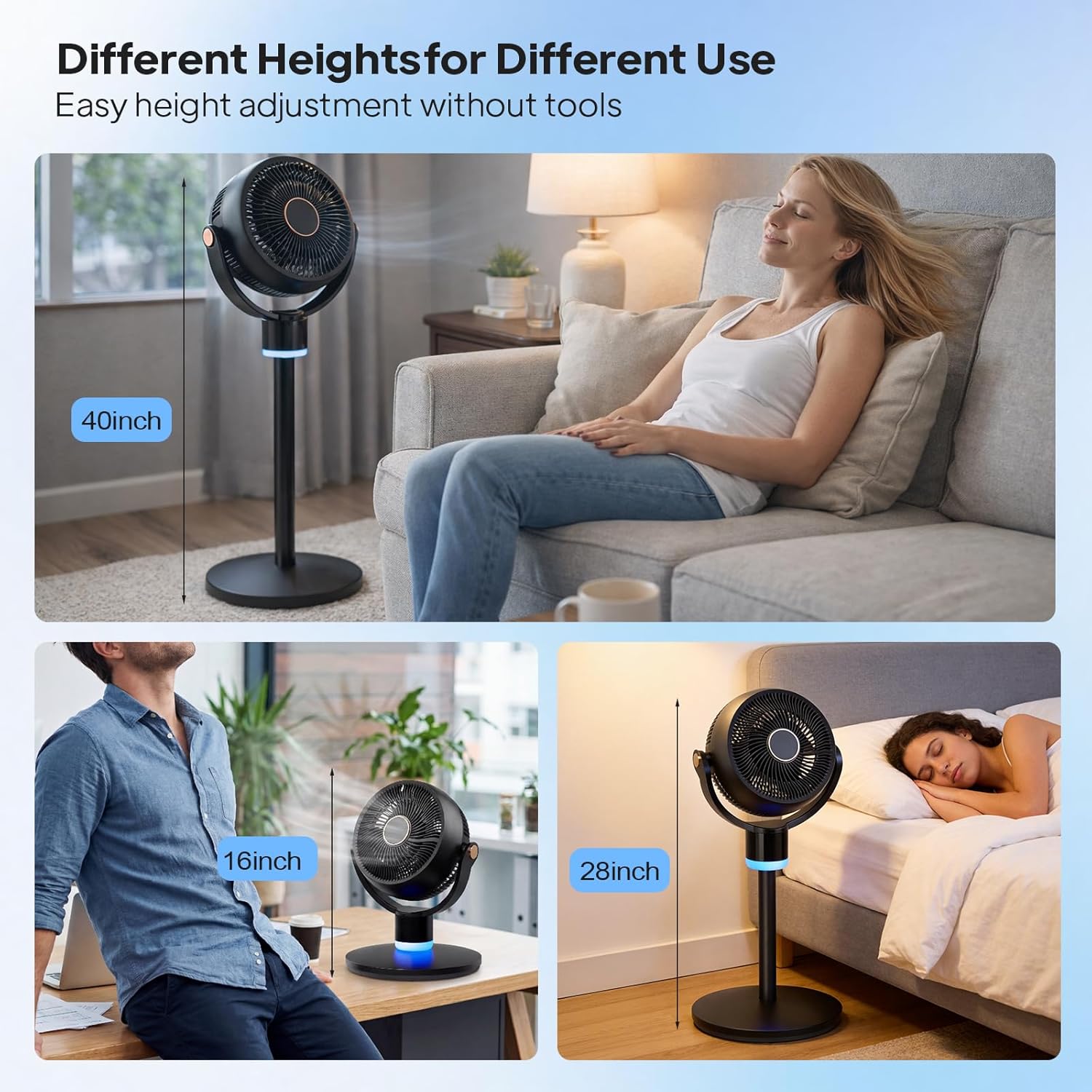 Bonnlo 3-in-1 Standing Fan for Bedroom with Adjustable Height, Oscillating Fan with 120°+ 90° Omni-Directional Airflow, Pedestal & Tabletop Fan with 3 Speeds & 12H Timer for Home/Dorm/Office