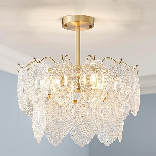 AGV LIGHTING Elegante lámpara de techo de cristal, lámpara de techo grande semiempotrada, iluminación moderna vintage para dormitorio, sala de Latón