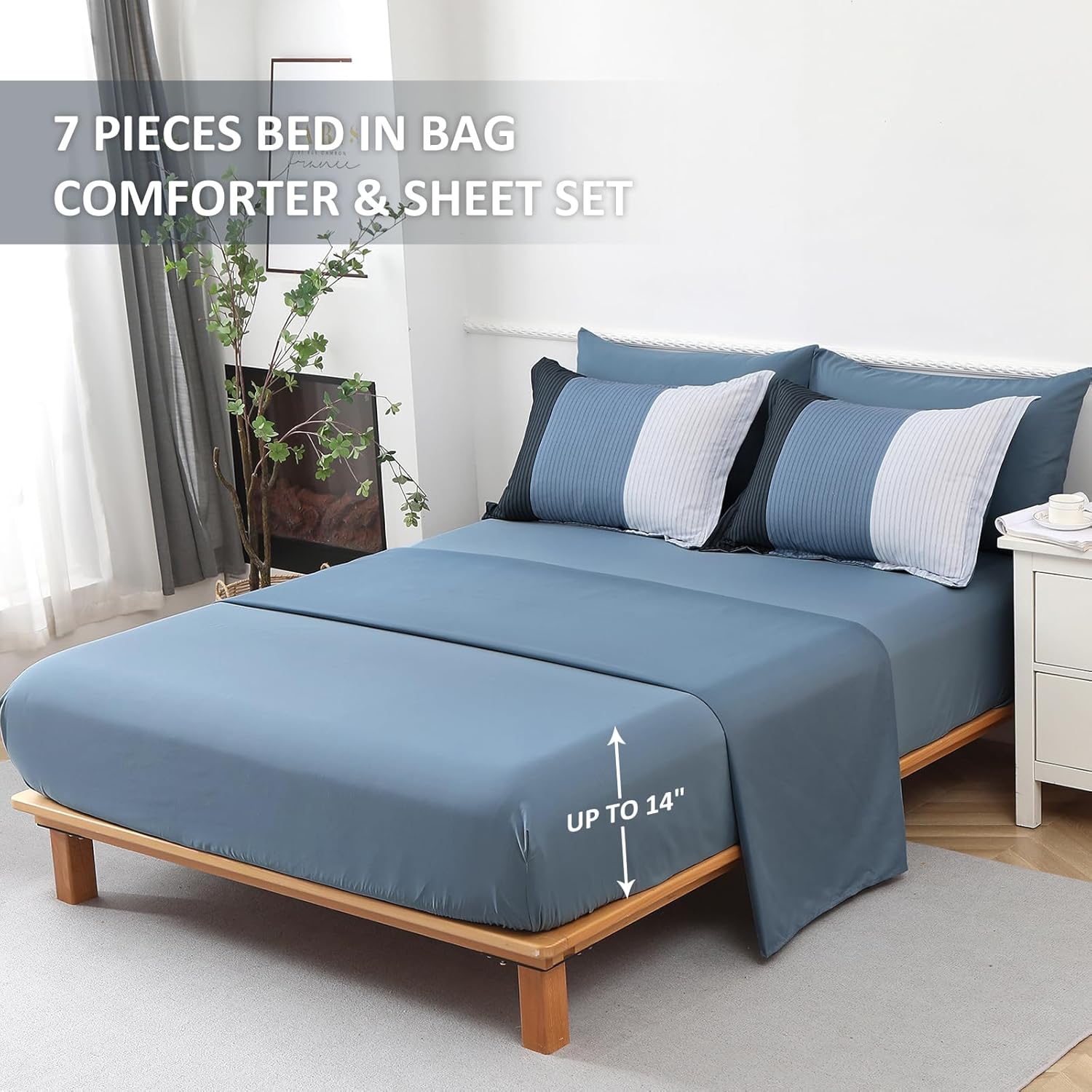 Anibedding Navy Blue Queen Bed in a Bag Comforter Set 7 Pieces Navy Striped Patchwork Bedding Set for Queen Bed, Soft Microfiber Reversible Down Alternative Complete Comforter with Sheet Set - Image 4