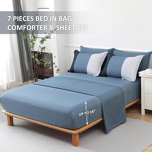 Miniatura 4 de Juego de edredón a rayas azul marino, tamaño King, 7 piezas, ropa de cama de retazos azul marino en una bolsa con juego de sábanas para cama King,