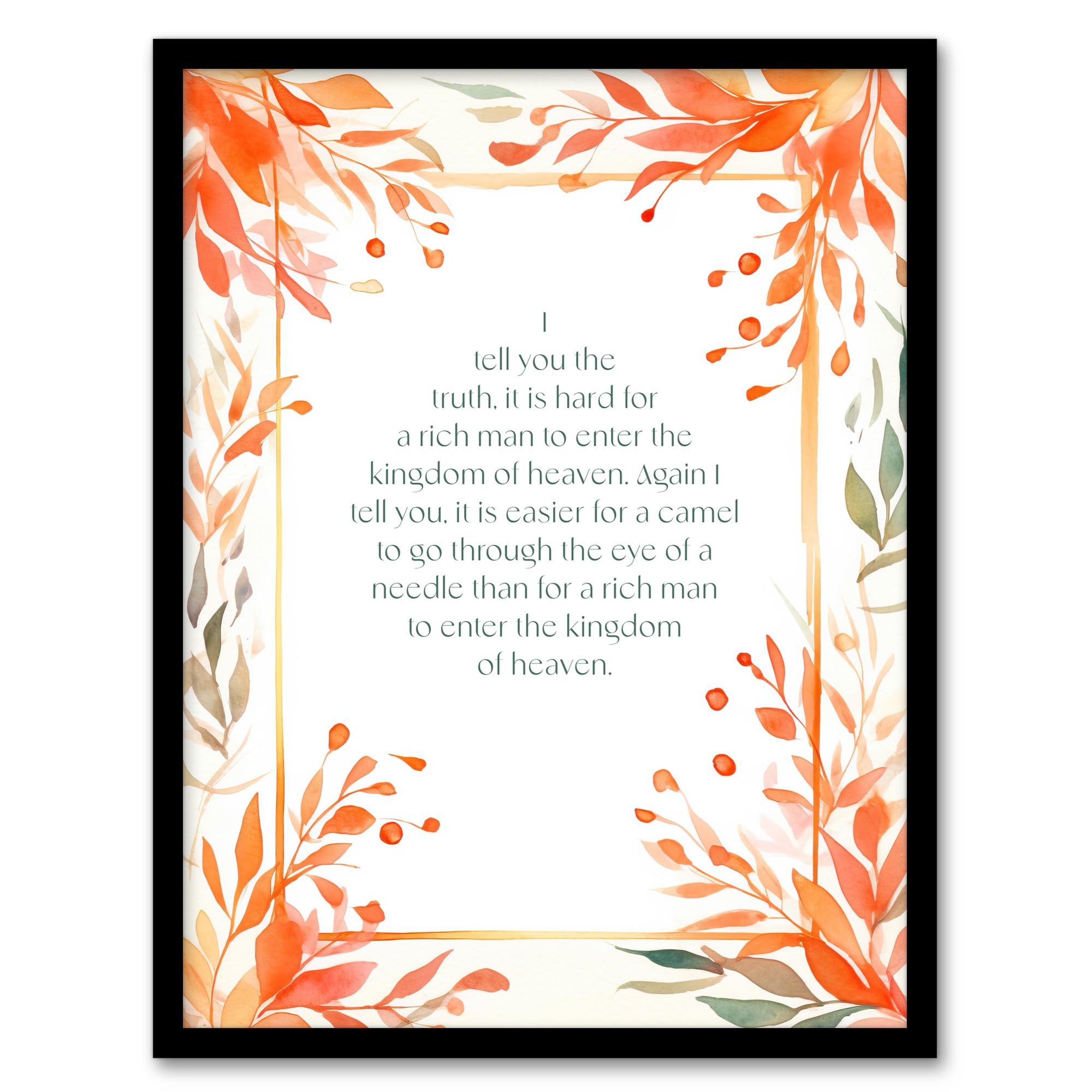 Artery8 Matthew 19:24 Jesus Christ Christian Bible Faith God Quote Orange Flowers Artwork Artwork Framed Wall Art Print 18X24 Inch