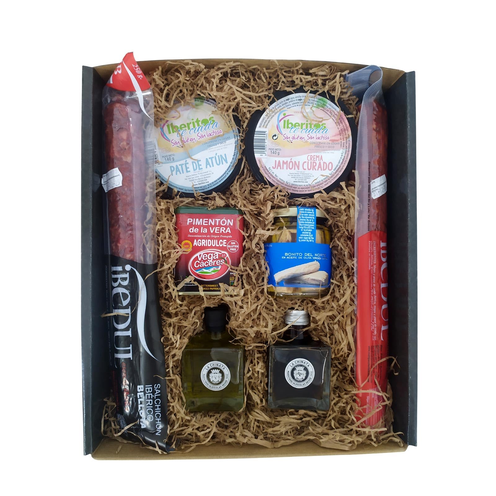 Cesta gourmet de regalo para celiacos e intolerantes a la lactosa. Sin gluten y sin lactosa y sin alcohol con productos ibéricos, patés, aceite, vinagre, conserva de pescado y pimentón.