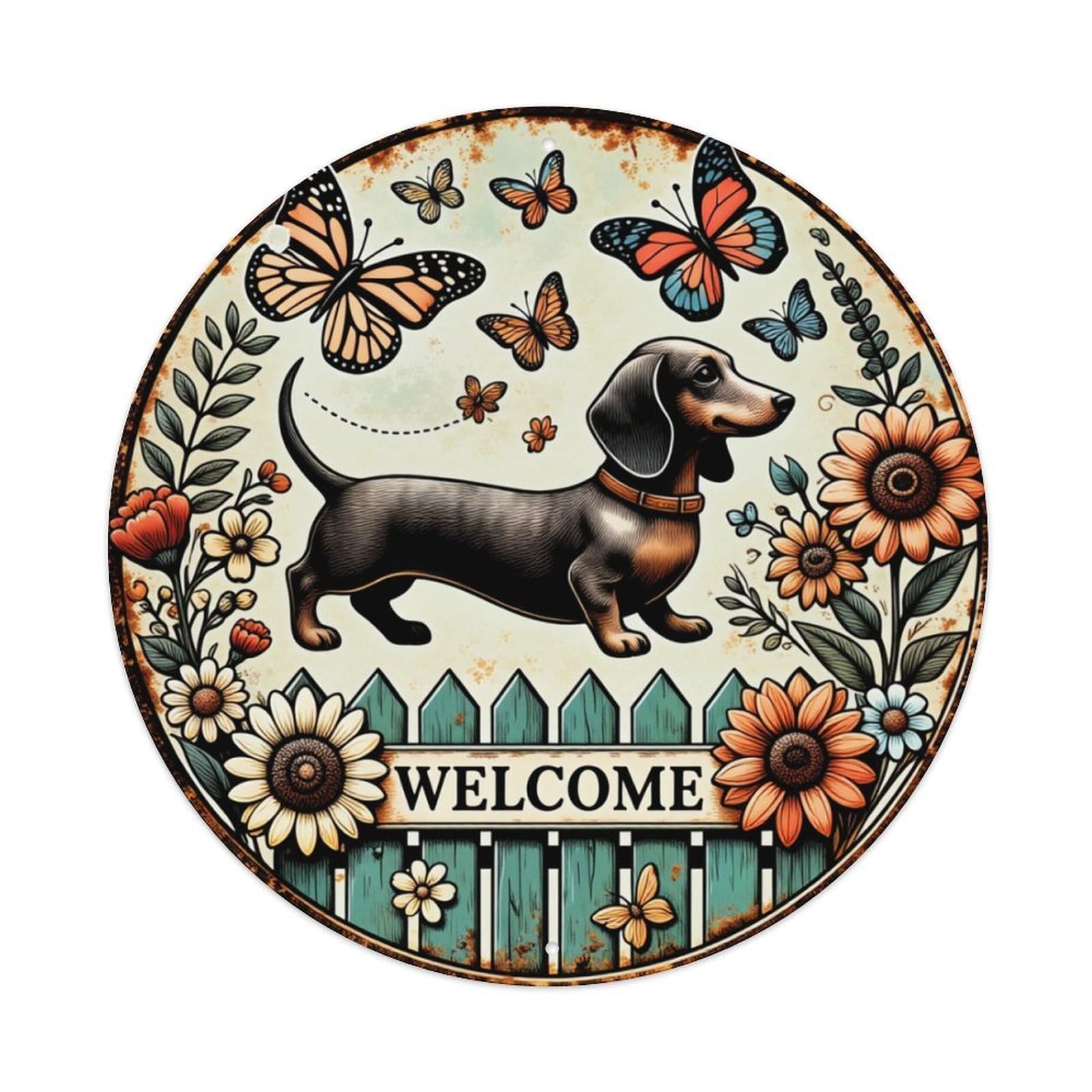 Dachshund Butterflies Flowers Fence Welcome Round Tin Sign Retro Metal Sign for Cafe Bar Pub Home Game Room Gym Club Wall Decoration Vintage Metal Poster 8x8 Inch