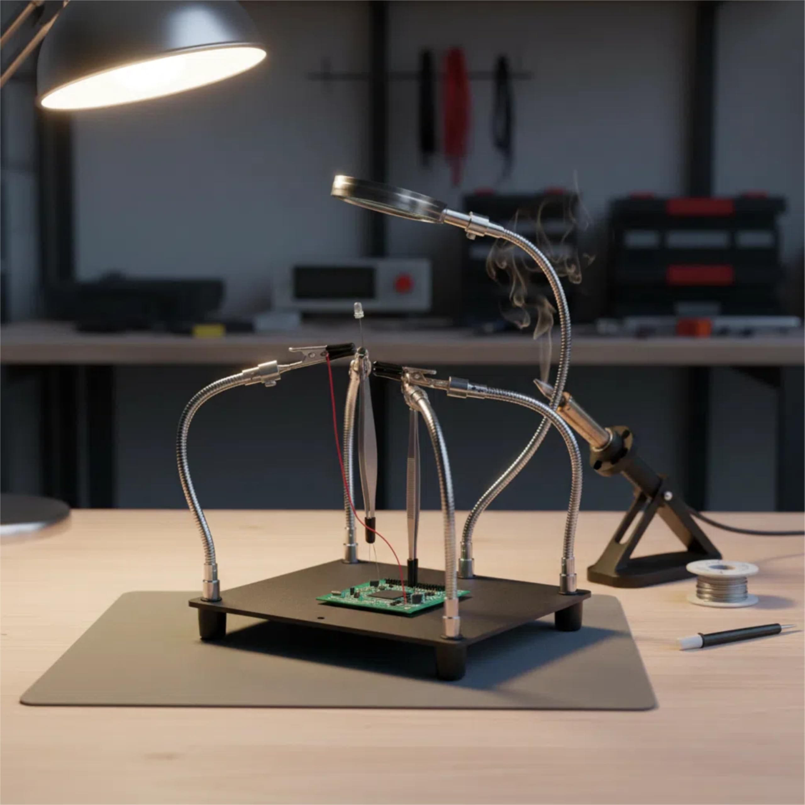 Kaisiking Helping Hands - Estación de soldadura con lupa, soporte para PCB, lupa de 4 brazos flexibles y herramienta de soldadura de tercera mano para reparación electrónica, soldadura de joyería,
