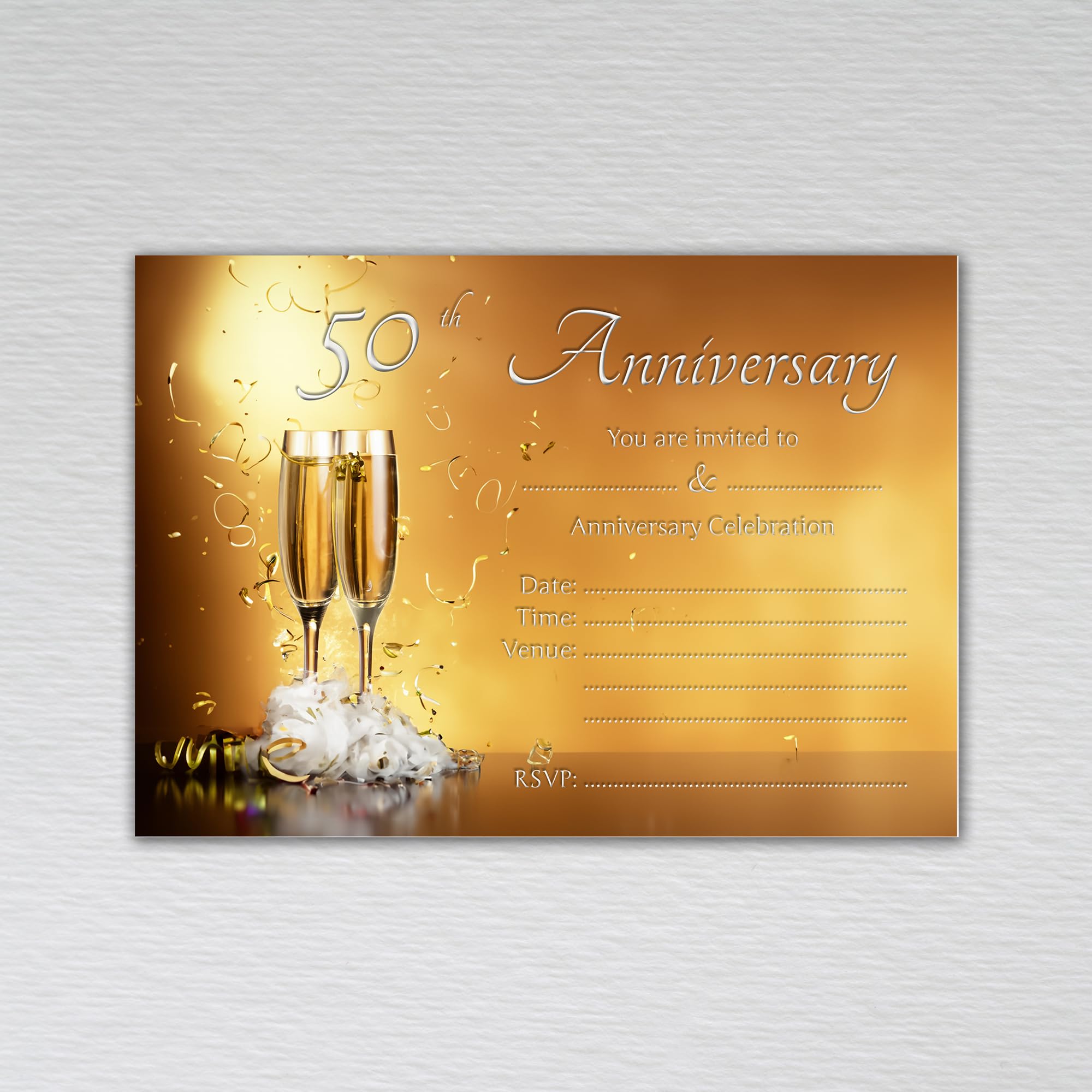 Webspectations Pack of 50th Wedding Anniversary Party Invitations: Gold Champagne 50th Anniversary Invites (Pack of 20 without Envelopes)