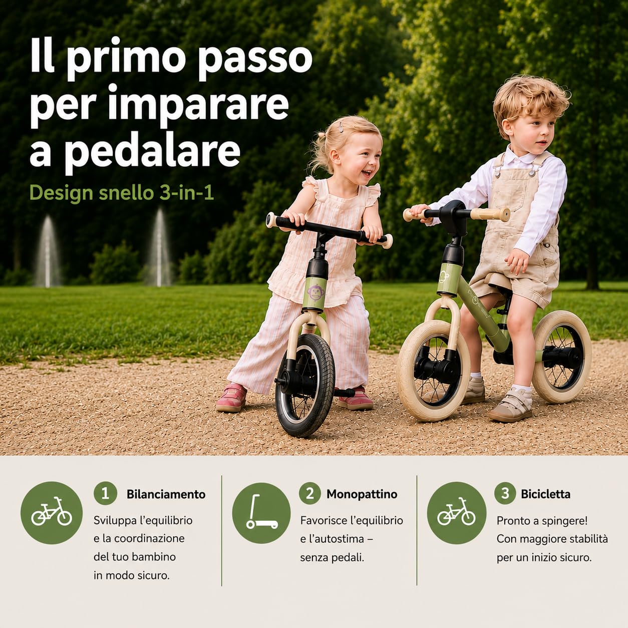 Kidcruiser Pedalplay bicicletta senza pedali 2 anni 3‑in‑1 con rotelle LED e pedali, telaio modulare