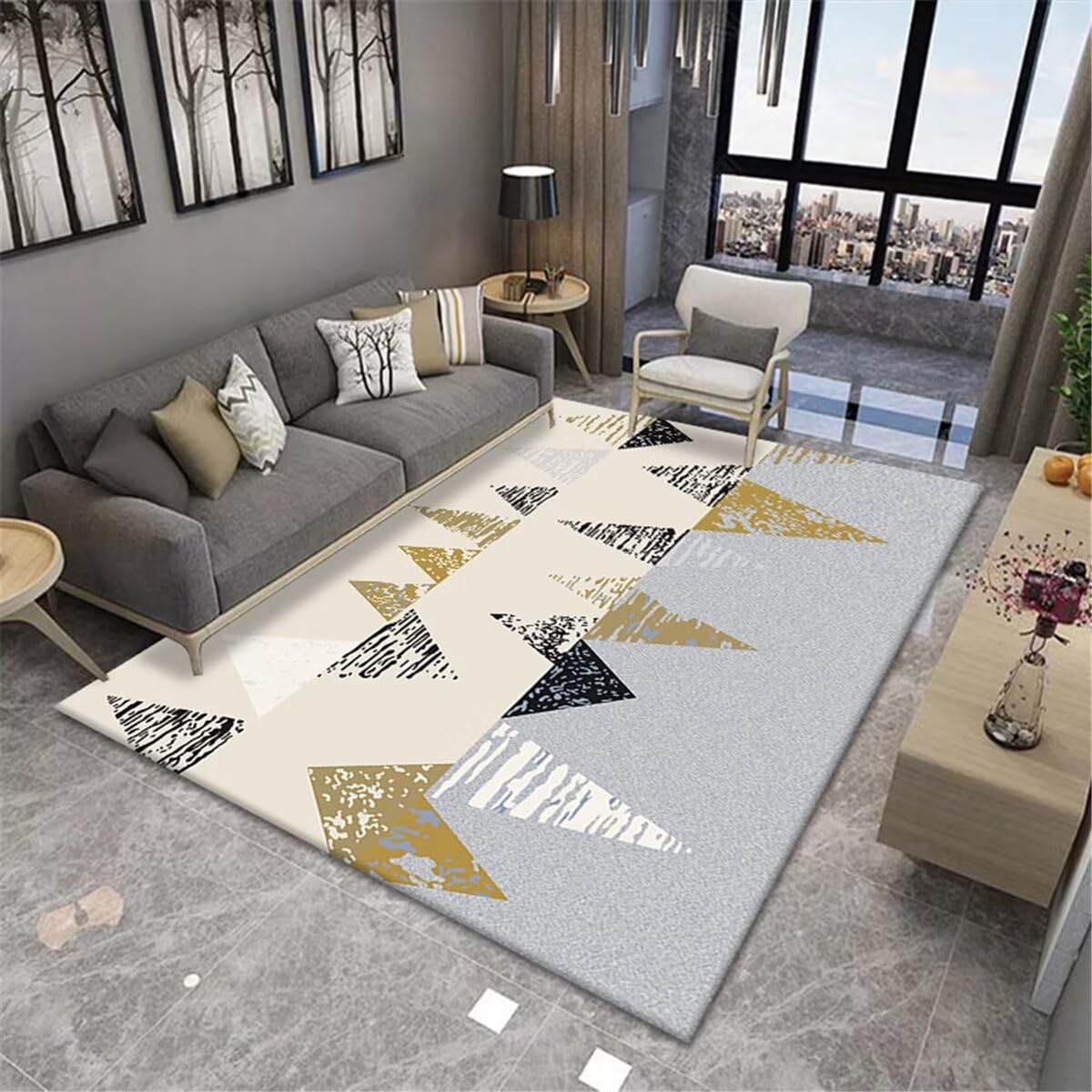 Tapis éveil géométrique gris et jaune 70x140 pour déco chambre bébé