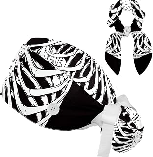 FVQL Set of 2 Bouffant Caps with Hairband Surgical Caps Scrub Cap, Skeleton Pattern