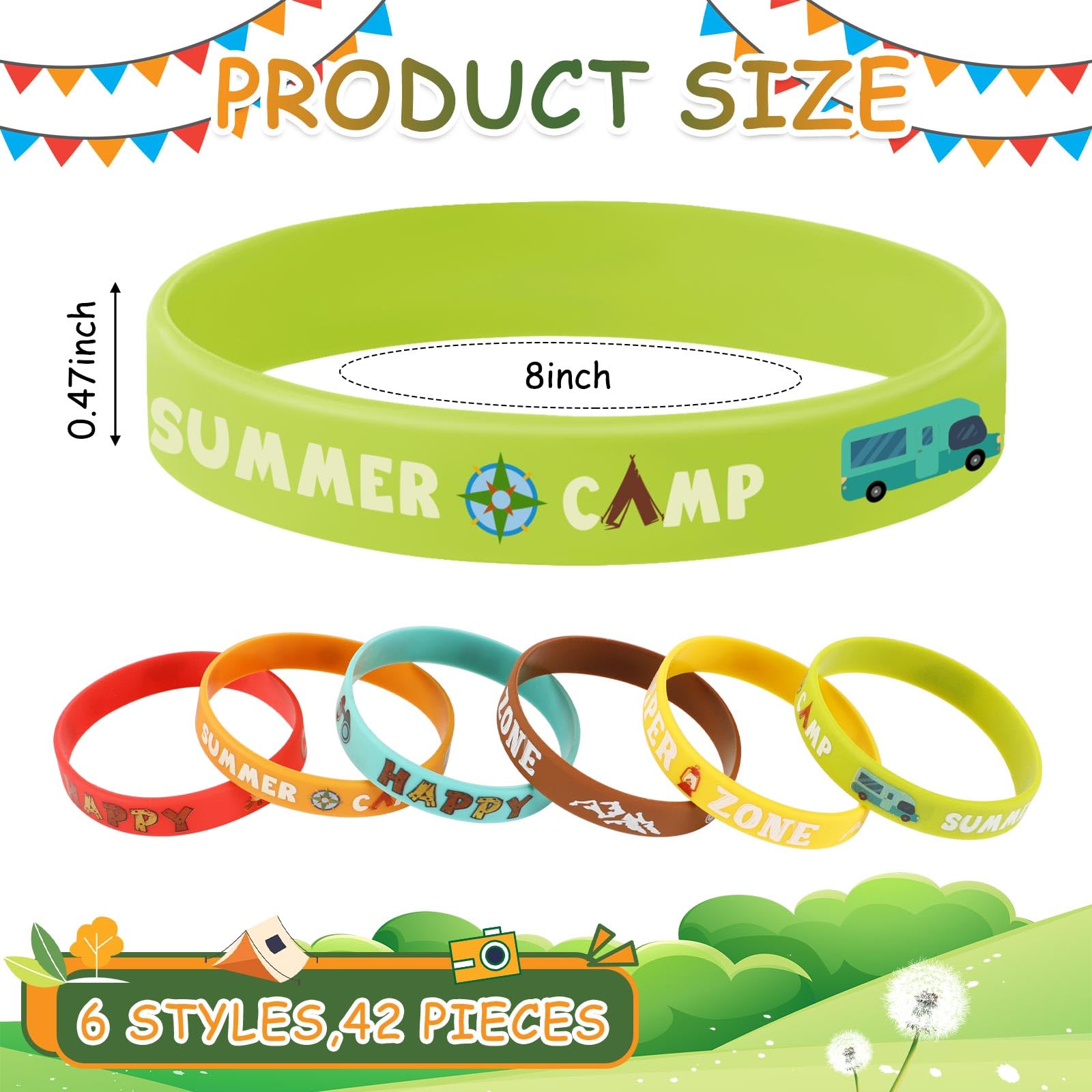 JUNEBRUSHS 42pcs Camping Party Favors Silicone Bracelets Summer Camping Theme Rubber Wristbands Accessories for Kids Adults Camping Adventure Birthday Party Decorations Gift Supplies, 125-6598