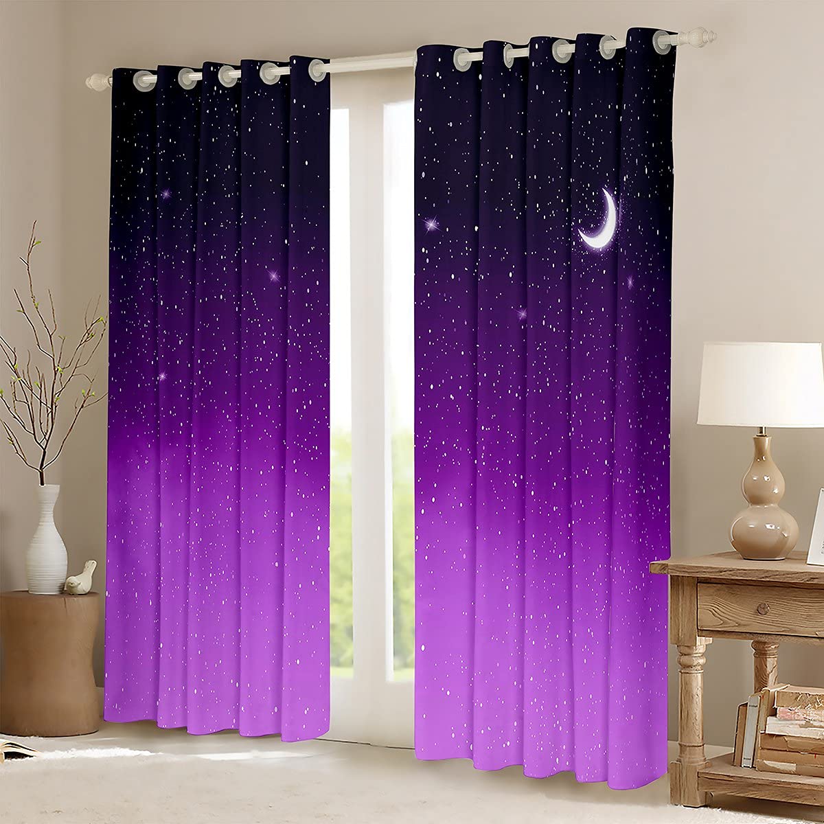 Loussiesd Lila Galaxie Fenstervorhang 175x140cm Stern Mond Bedrucktes Blickdichte Vorhänge Weltraum Daunendecke für Teenager Kinder Mädchen Jungen Galaxis Vorhänge Mikrofaser