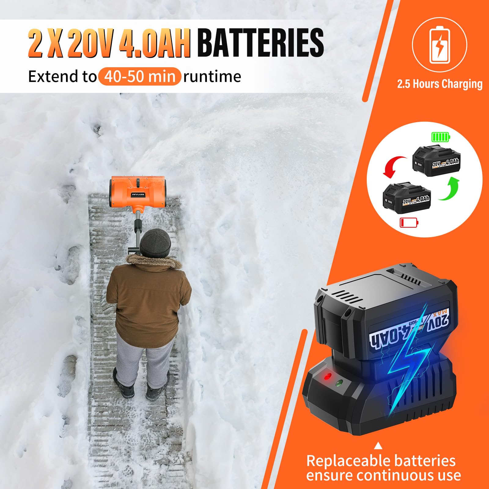 Souffleuse à neige sans fil avec 2 batteries de 4,0 Ah et chargeur, pelle à neige sans fil 20 V, déneigement alimenté par batterie de 30,5 cm avec distance de projection de 4,9 m pour patio, terrasse