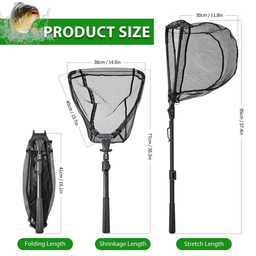 Épuisette Pêche Pliable, Caoutchouc Filet Téléscopique Landing Net Antirouille Alliage D'aluminium Nylon Filet de Pêche 95 cm avec Poignée, pour Etangs Truite Carpe Salmon Attraper et à Libérer
