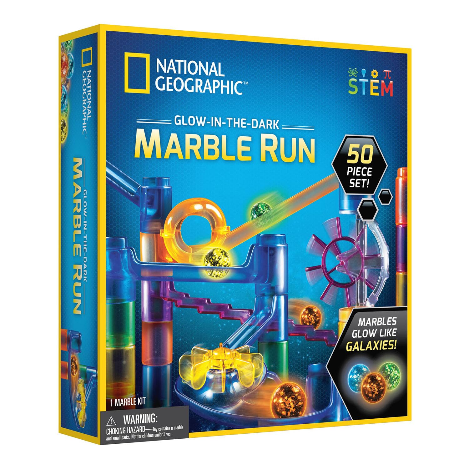 National Geographic Glow-in-the-Dark Marble Run dla dzieci, 50-częściowy zestaw konstrukcyjny ze świecącymi kulkami, światłem UV, torbą do przechowywania i przewodnikiem po fizyce