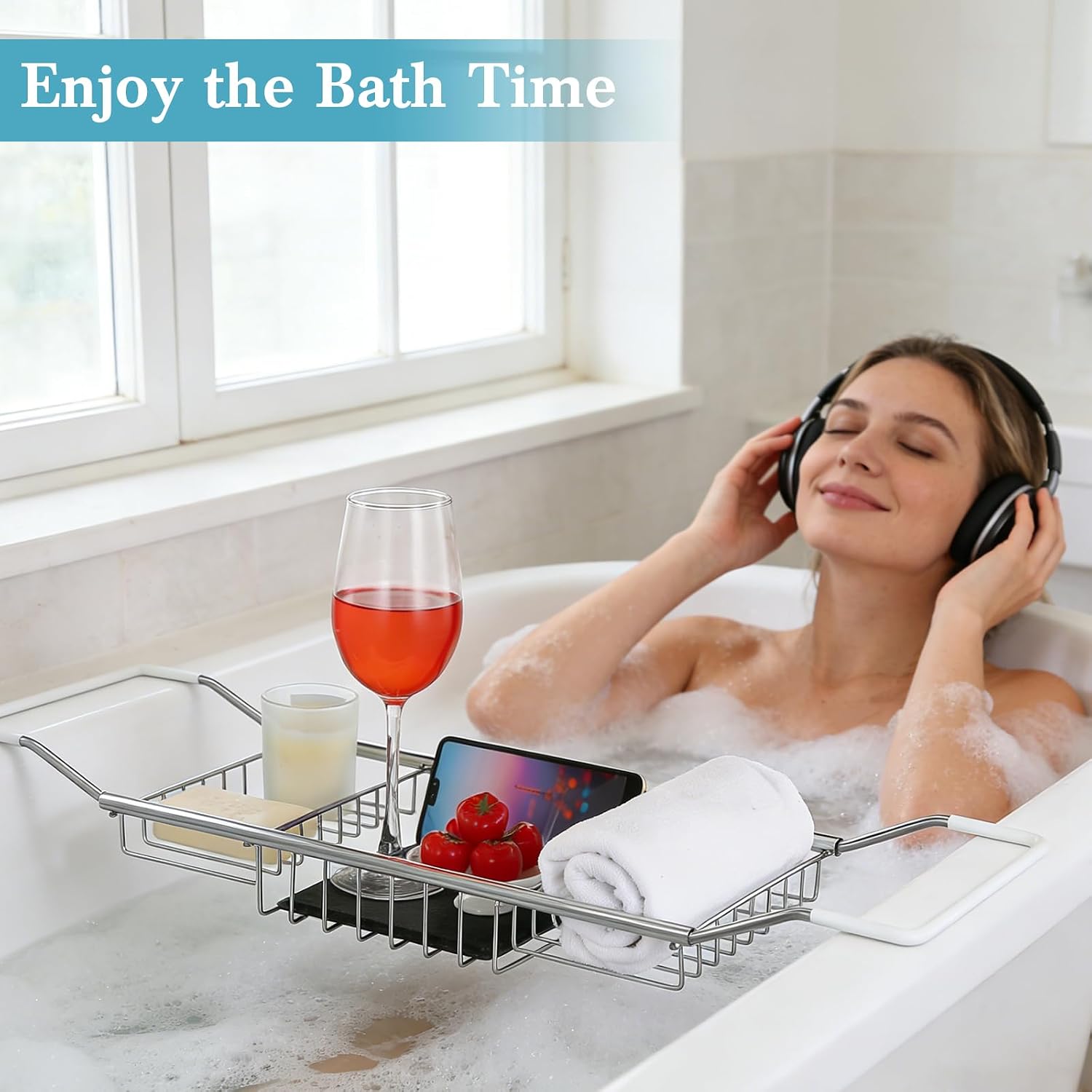 Cabilock Stainless Steel Expandable Bathtub Tray, Chrome Polished Telescopic Bath Tub Shelf, Bathroom Organizer for Soap, Shampoo, Phone and Sundries