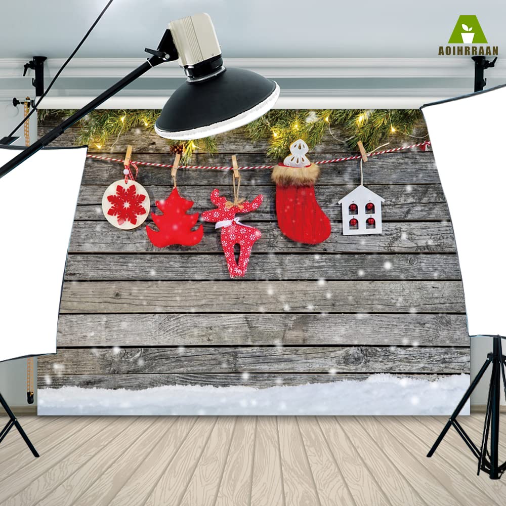 Aoihrraan 3x2m Christmas Backdrop Red Sock Snowflake Tree Elk Snow Grey Retro Wood Floor Wall Photography Background Baby Shower Family Celebration Party Banner Portrait Photo Studio Props - Image 4