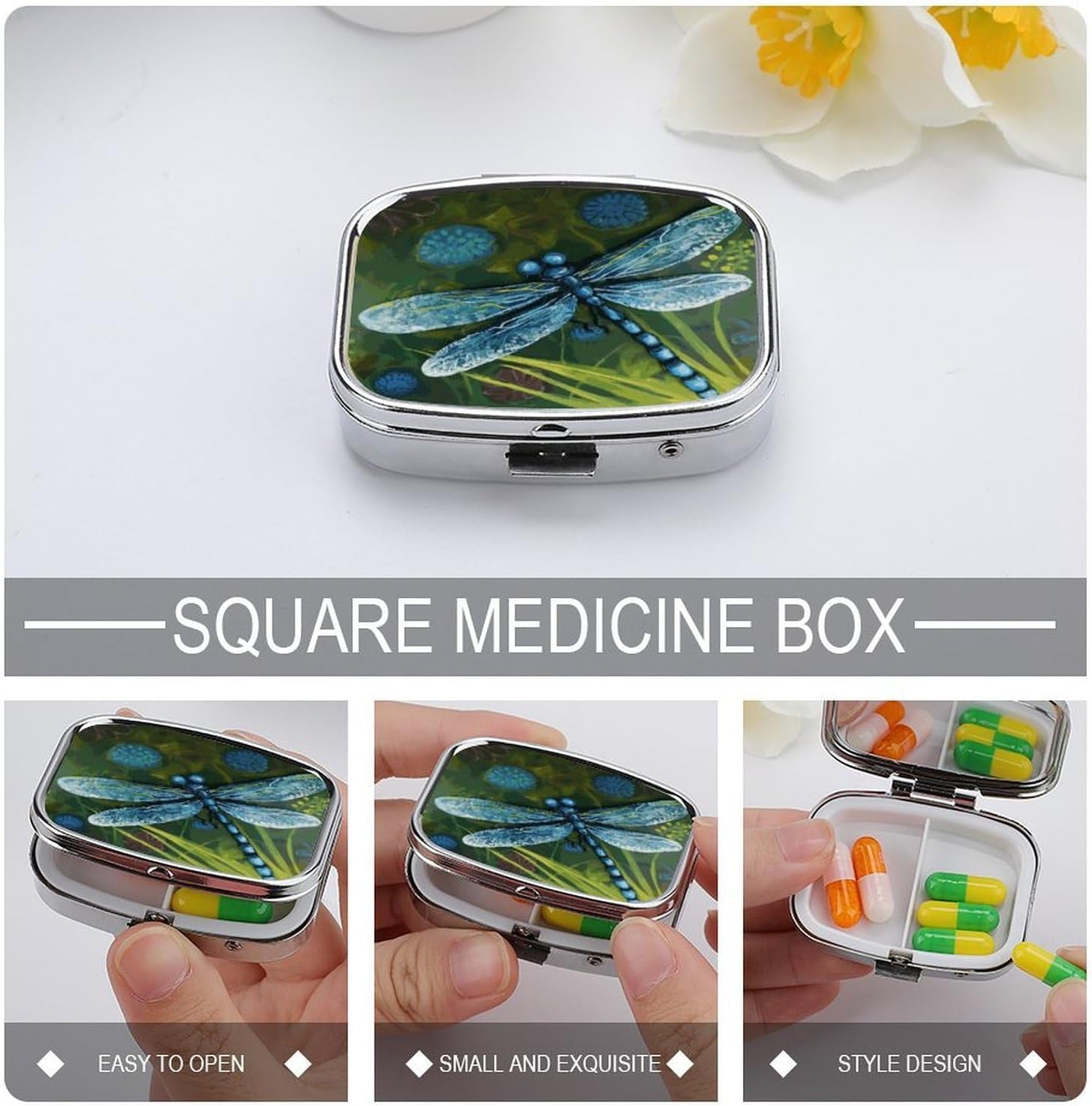 Hand Painted Blue Dragonfly Travel Pill Organizer Pill Case image 4