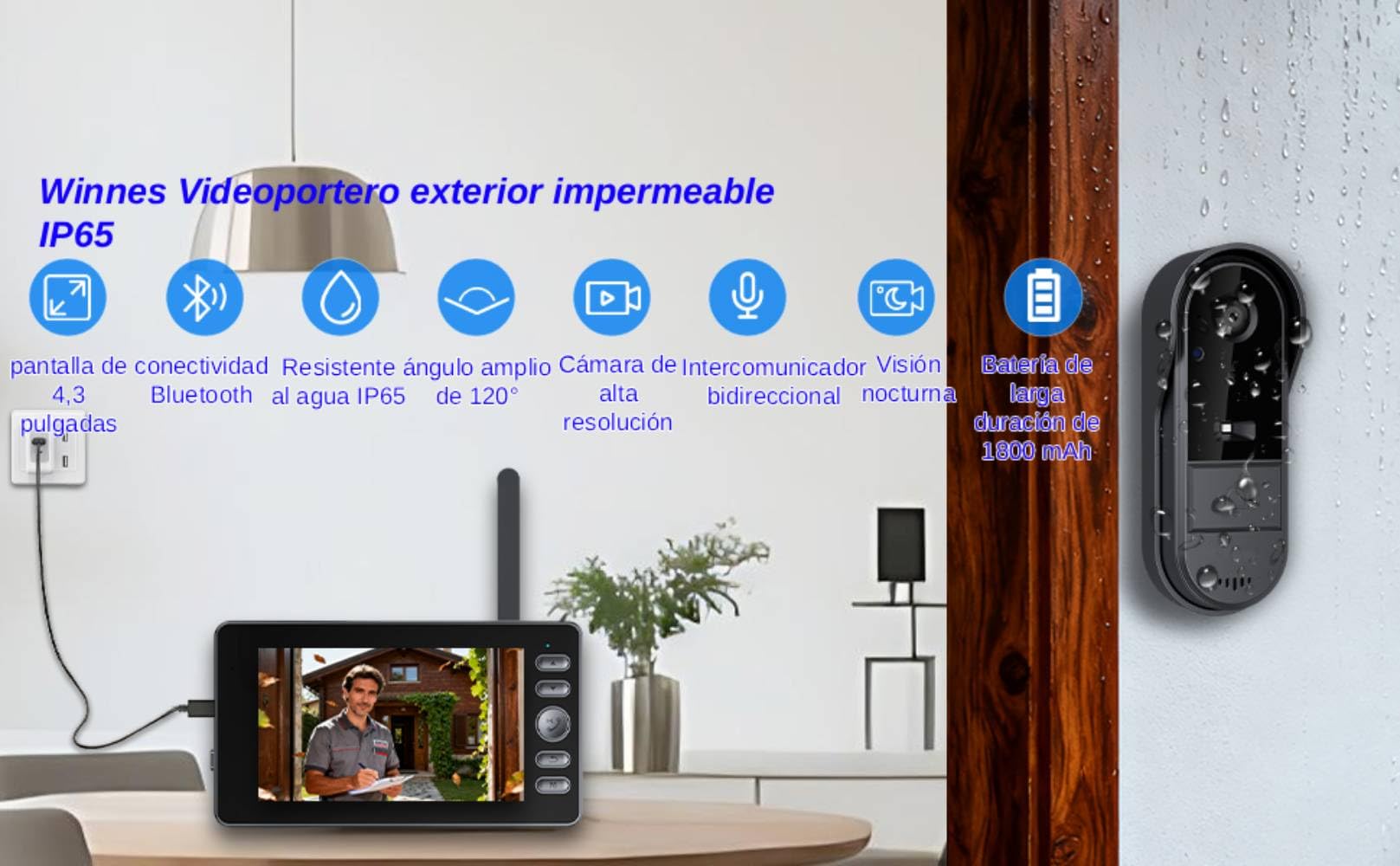 Winnes Video Impermeable Campane IP65, videoportero con una Pantalla IPS de 1080p 4.3 '', intercomunicador inalámbrico Exterior, 1800mAh Pell Digital con cámara Ultra Gran Angular, sin WiFi o App