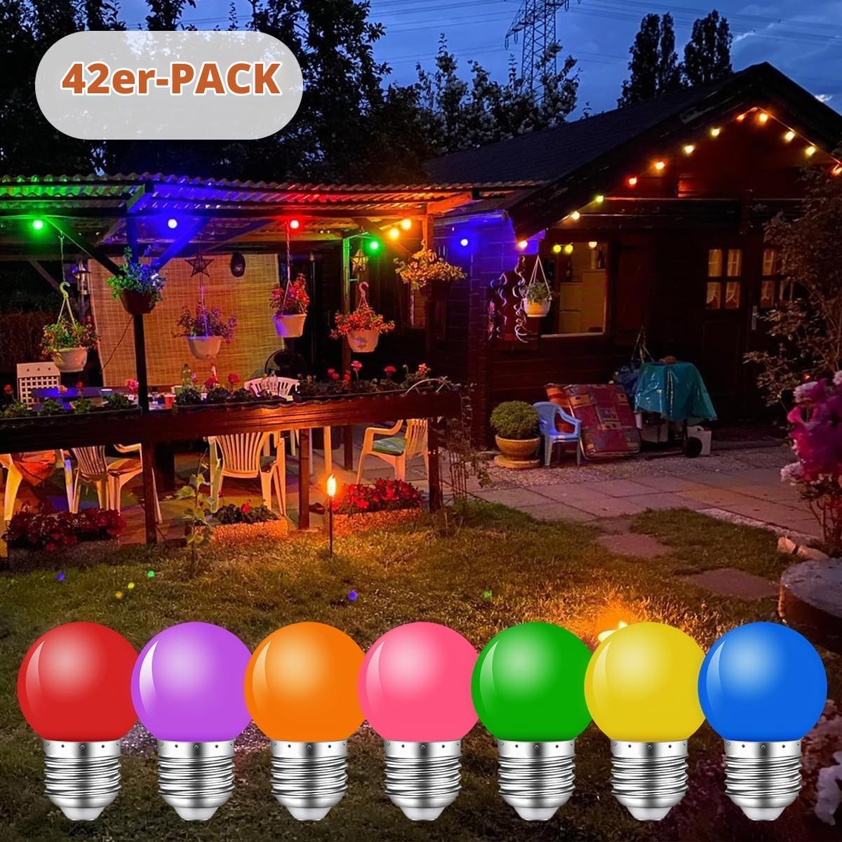 42er Pack Bunte Glühbirnen E27 LED Birne 2W,Farbige Glühbirne E27 Außen,G45 Bunt Leuchtmittel für Lichterkette Party Weihnachten Deko,Rot Grün Blau Orange Gelb Rosa Violett,Kunststoff