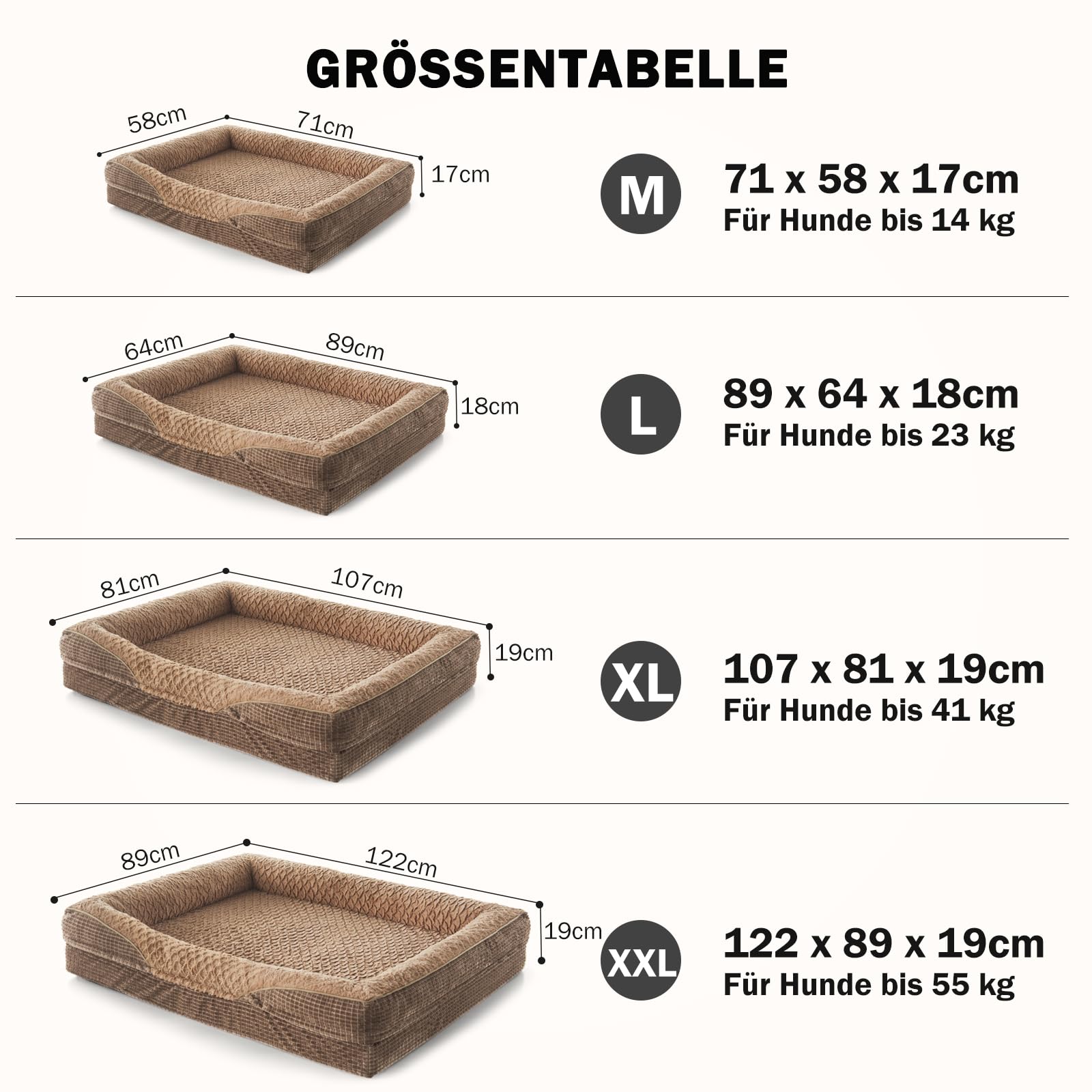 FURTIME Cuccia ortopedica per cani di taglia grande, in memory foam, XL, rimovibile e lavabile, antiscivolo, con bordo alto, marrone, 107 x 81 x 19 cm
