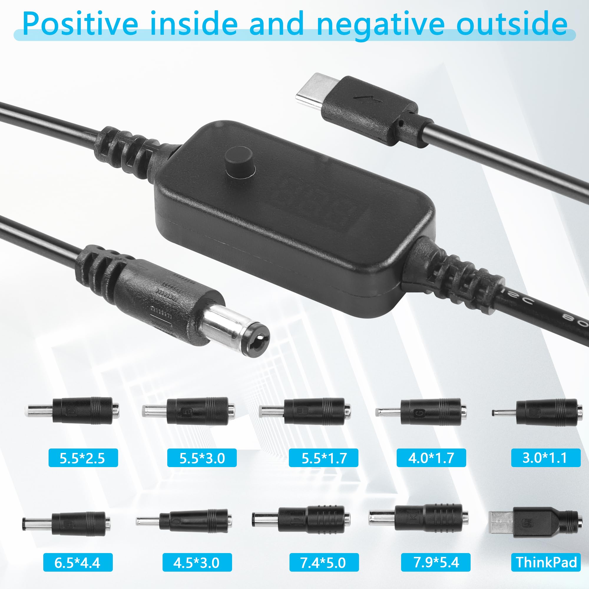 Cavo CERRXIAN USB C To DC PD 60W – Kit Con 10 Connettori E Tensione Regolabile (5V/9V/12V/15V/20V) Per Ricarica Rapida
