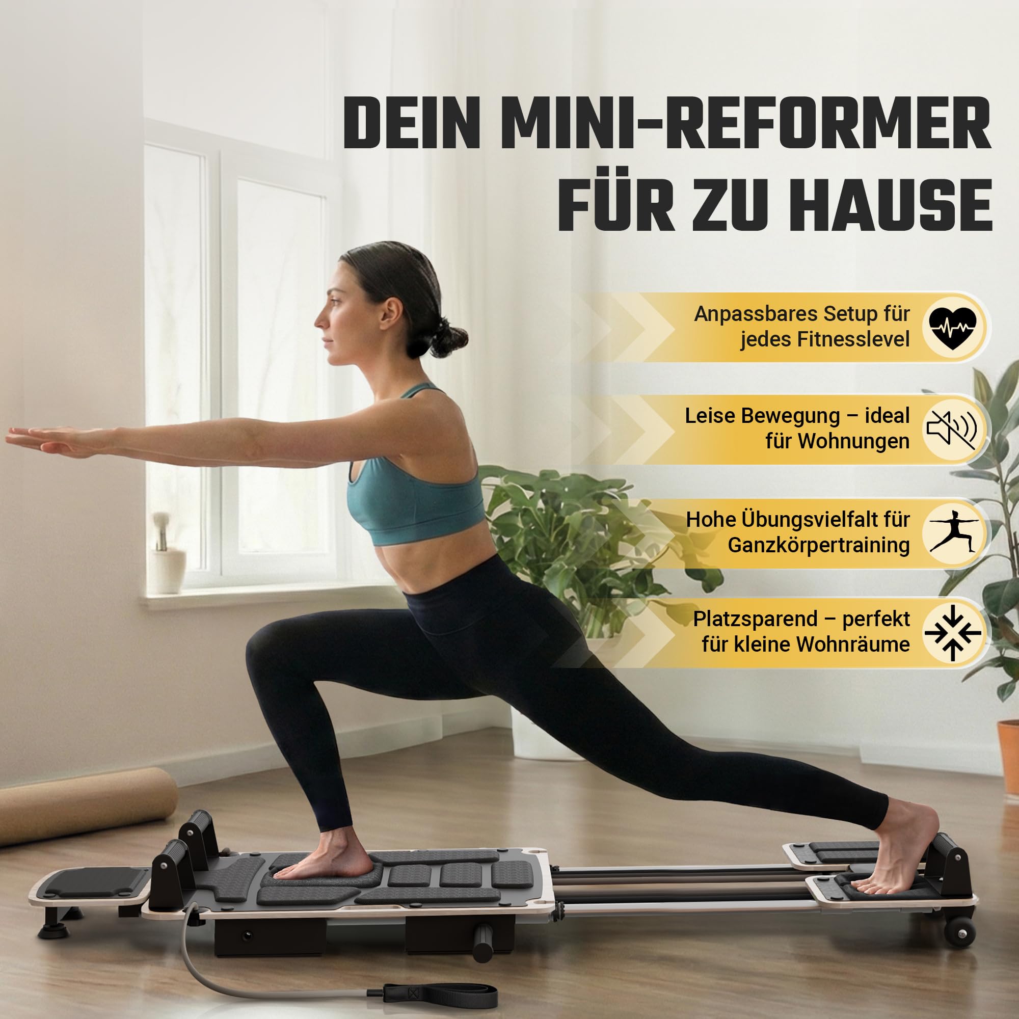 HQ Germany® Pilates Board [massives Birkenholz] - Reformer für Zuhause | inkl. Theraband-Set und digitalem E-Book, 6 Widerstandsstufen, flüsterleise Rollen, standfest & gepolstert
