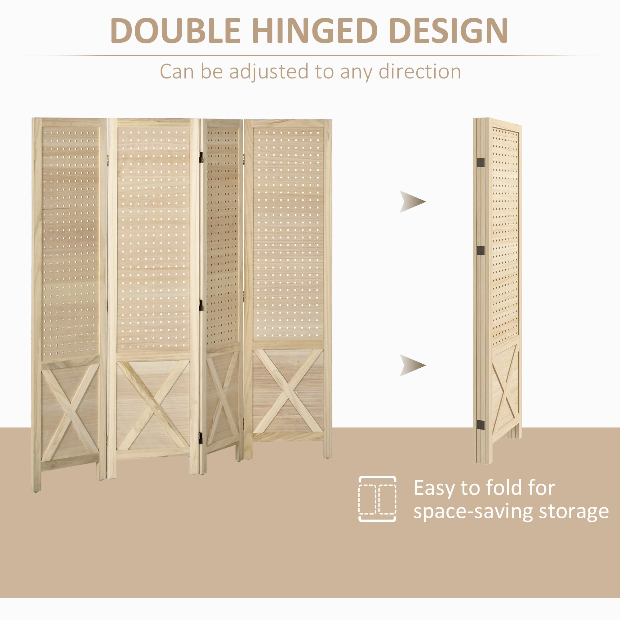 HOMCOM Biombo de 4 Paneles Plegable de Madera 152x1,7x144,5 cm Natural | Separador de Ambientes, Divisor de Habitación de Madera, Pantalla de Privacidad Agujeros para Colgar, Oficina, Dormitorio