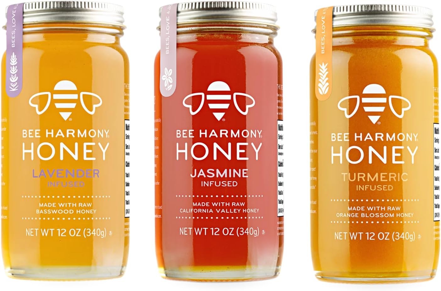 Floral Infused Raw Honey Variety Pack, (Lavender, Jasmine, and Turmeric), 12 OZ each