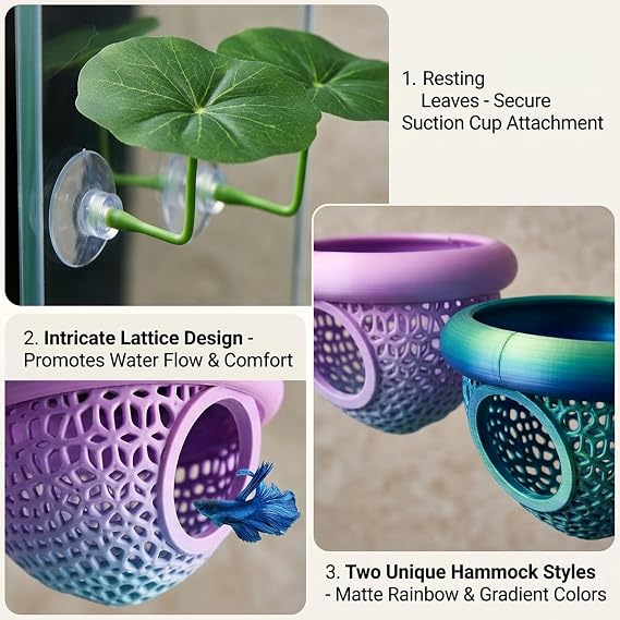 4 PCS Betta Hammock and Fish Accessories, Complete Aquarium Decor Set with Two Betta Fish Hammocks and Two Resting Leaves, Provides Stress-Free Habitat and Breeding Support for Small Fish Species,