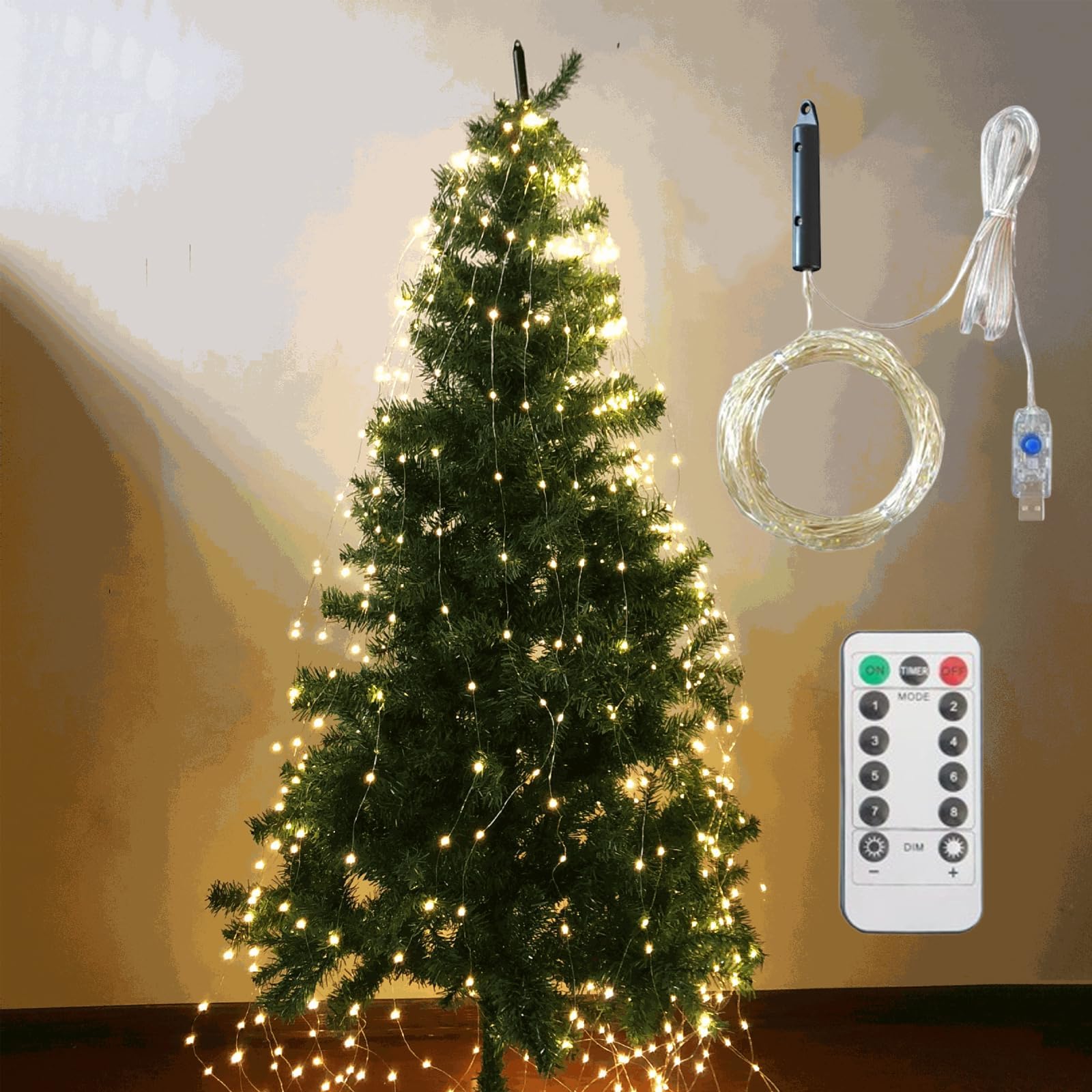 Cascading Twinkle Lights for Christmas Tree, 8 Modes 100-600 Christmas LED Firefly Twinkle String Lights, USB Powered, Waterproof, for Indoor Outdoor Home Garden Decoration (Warm,9.84ft 300 Lights)