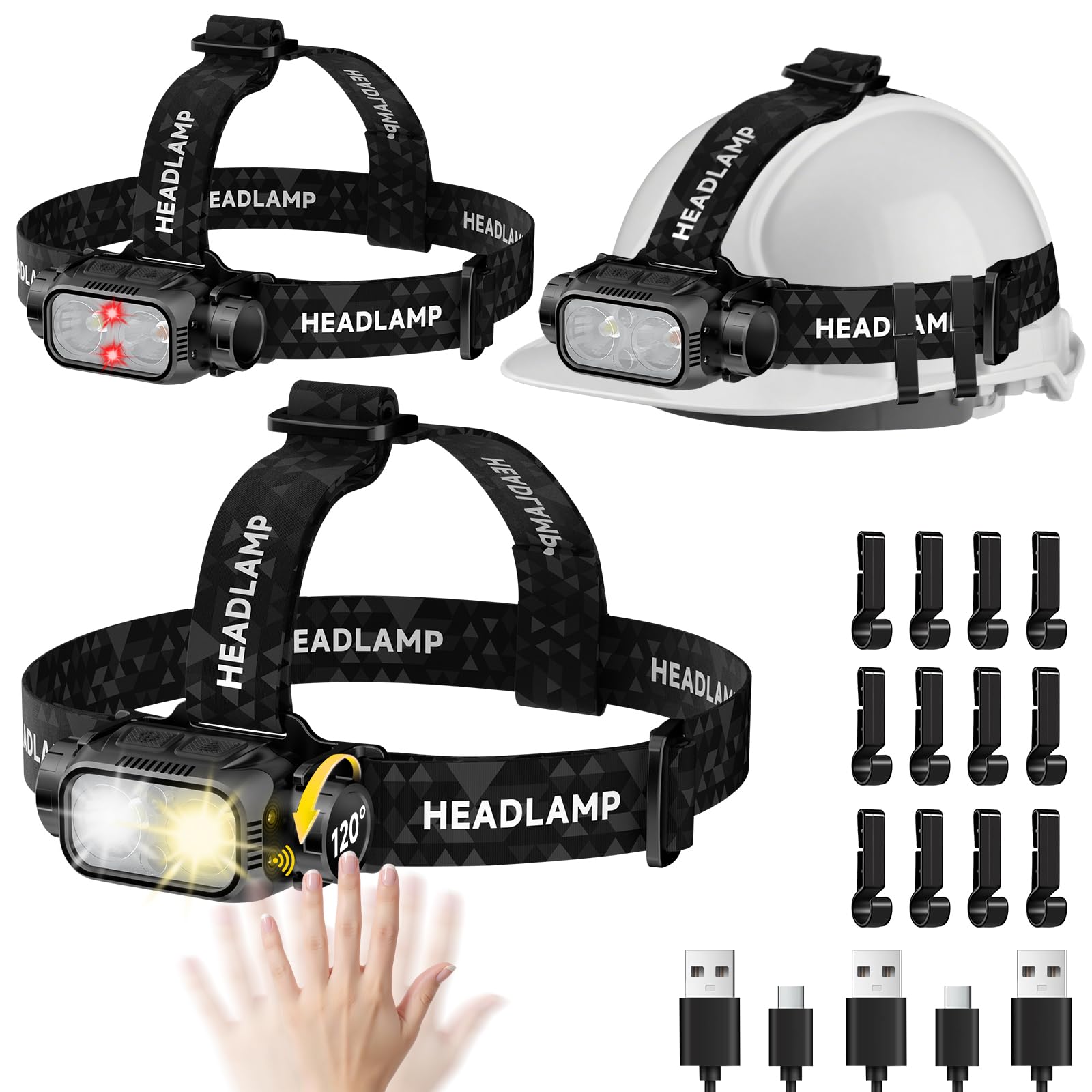 3 packs ultra-lightweight detachable led headlamp flashlight, usb-c rechargeable headlight with motion sensor & warn light, ipx4 waterproof head lamp for camping, running, hiking and fishing