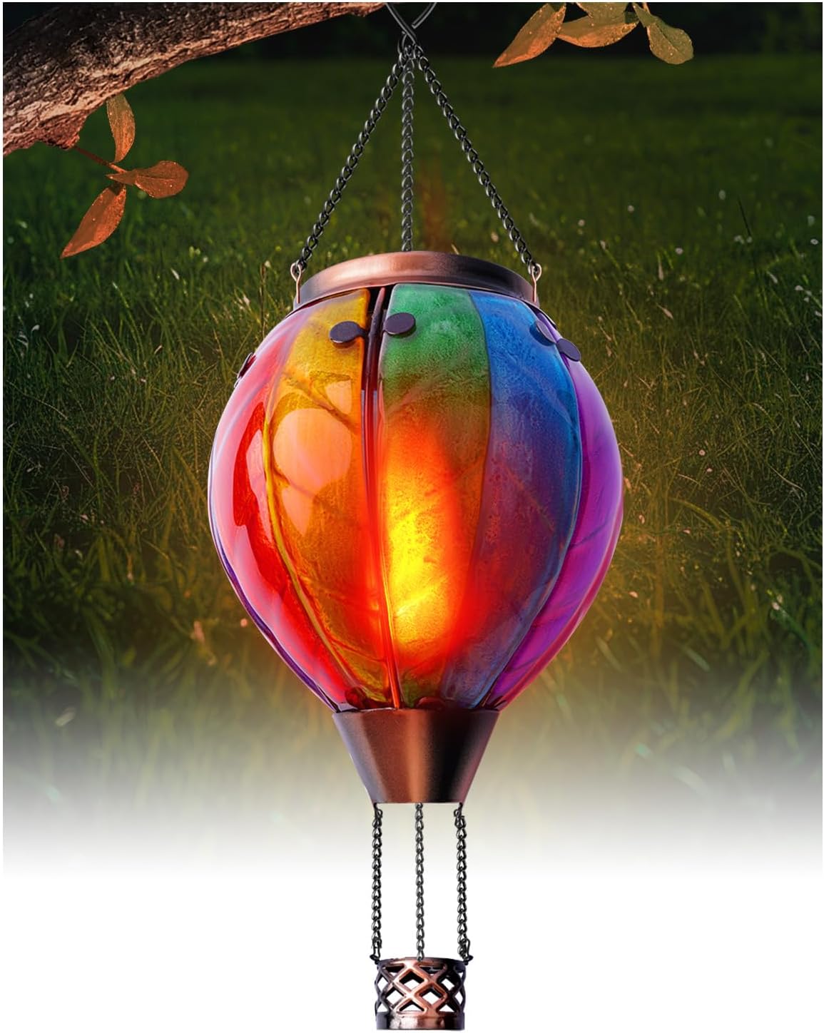 Luxvista Hot Air Balloon Solar Lantern, Rainbow Stain Glass LED Lights, Waterproof Hanging Solar Lantern with Flickering Flame Light for Yard Tree & Outdoor Garden Decor, Made of Glass, Easter Lights