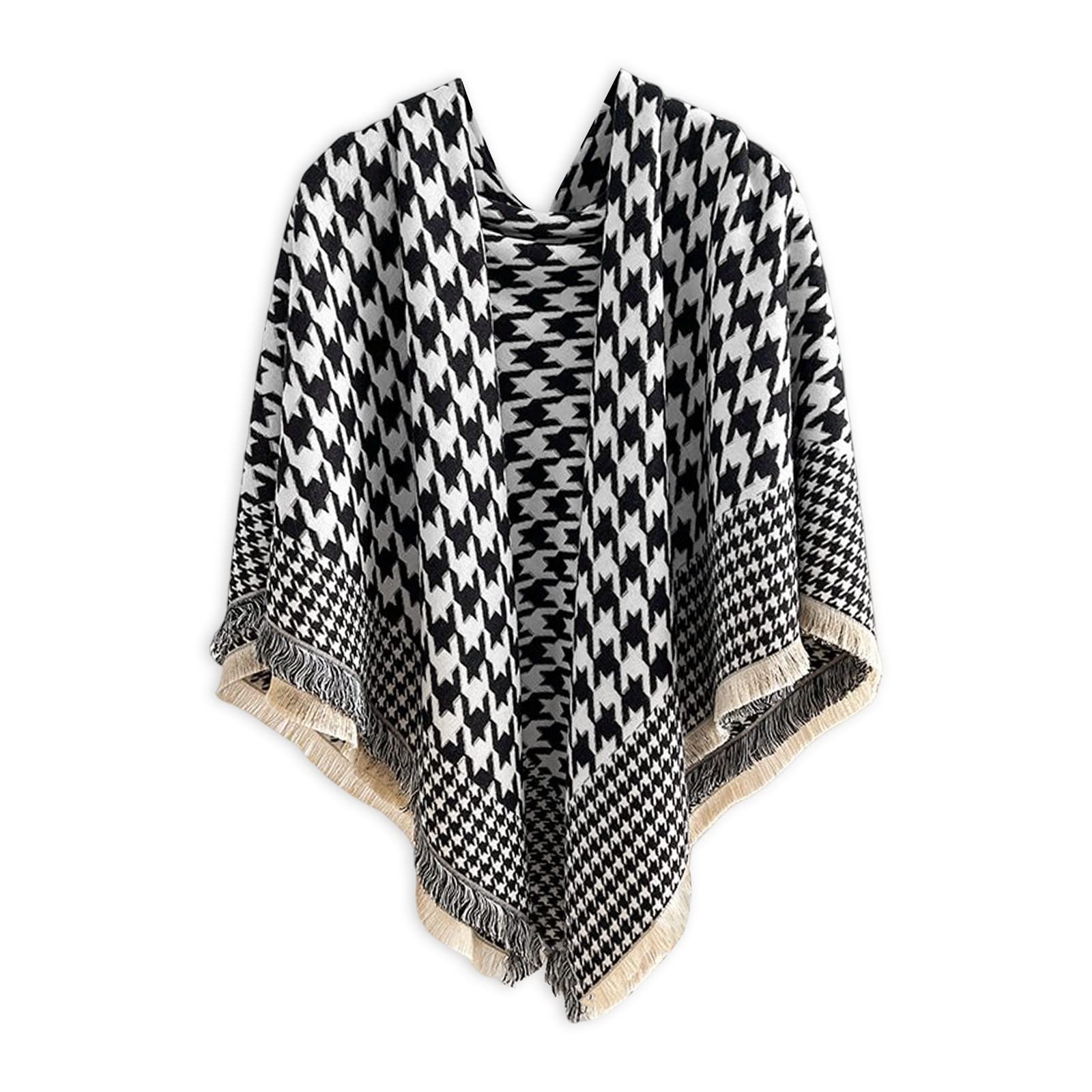 Lumisyne Women's Black Winter Warm Cashmere Shawl For Classic Houndstooth Check Pashmina Scarves With Tassel Square Large Scarf Soft Thicken Shawl Wrap Cape