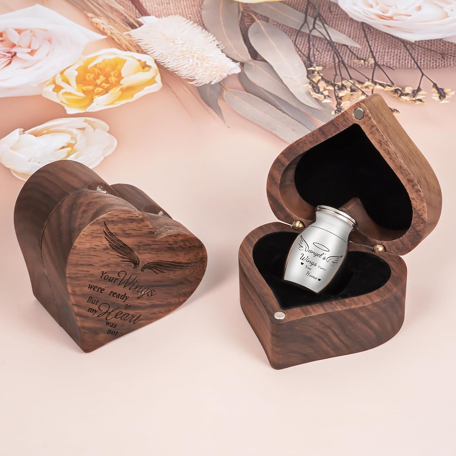 Customize Wood Small Urn for Human Ashes Keepsake Stainless Steel Mini Urn Cremation Urn for Ashes for Memory-Wing