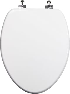TOPSEAT Elongated Toilet Seat w/Chromed Metal Hinges, Wood, White