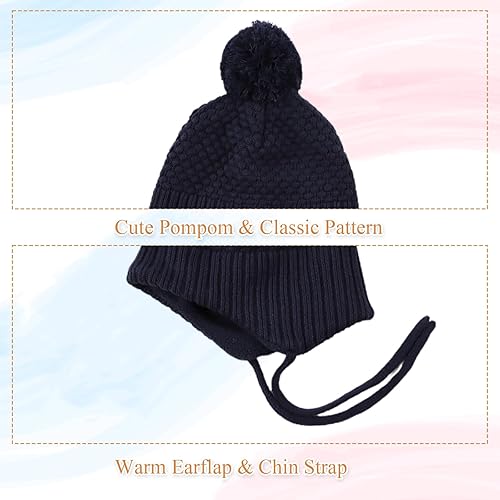 Miniatura 4 de Gorros de invierno para niña con forro polar para niños, gorro de punto con orejeras con pompón, de 0 a 8 años